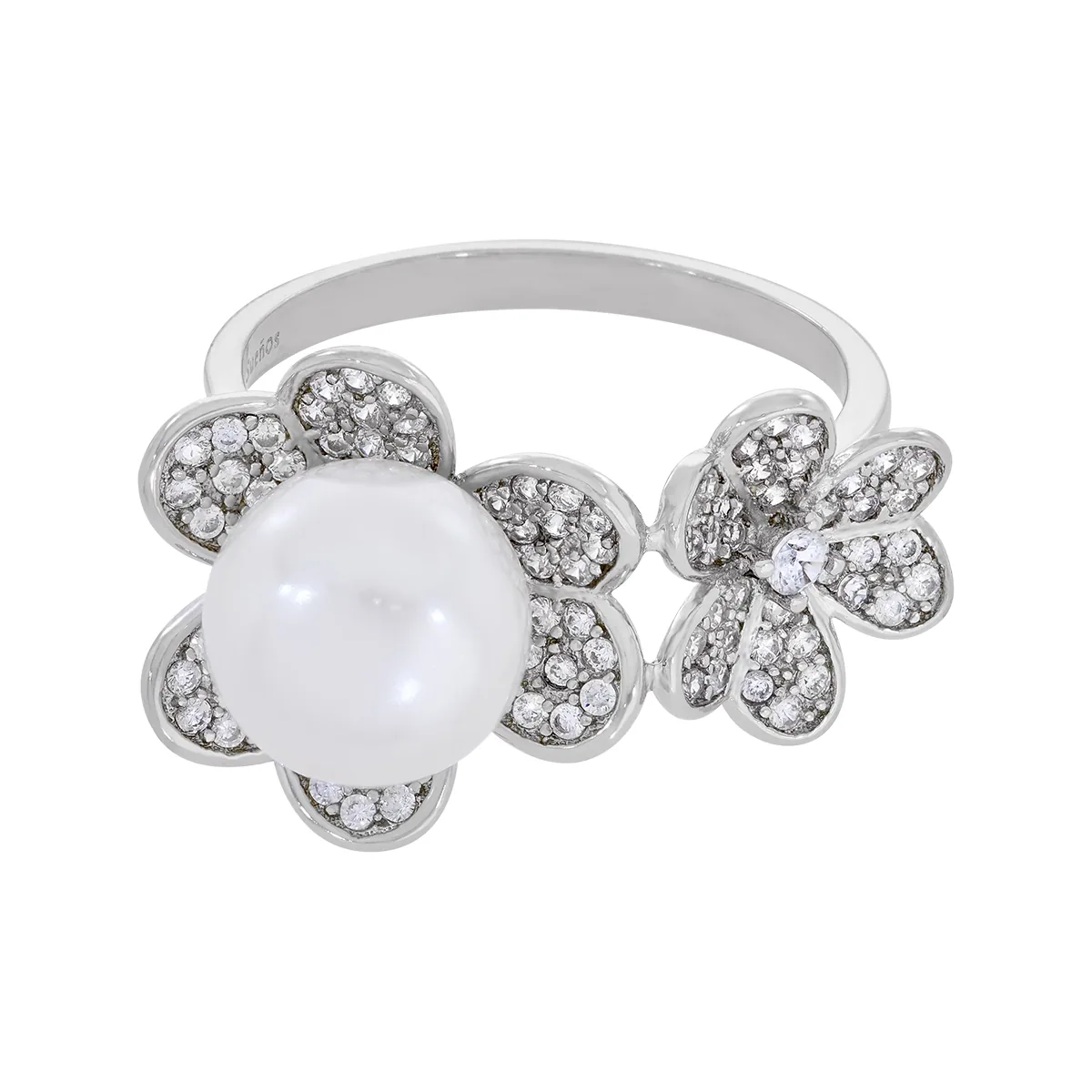 Anillo de flores en plata Ley 925, con perla central de 8 mm de ancho aprox y decoración en zircones - Colección Sueños