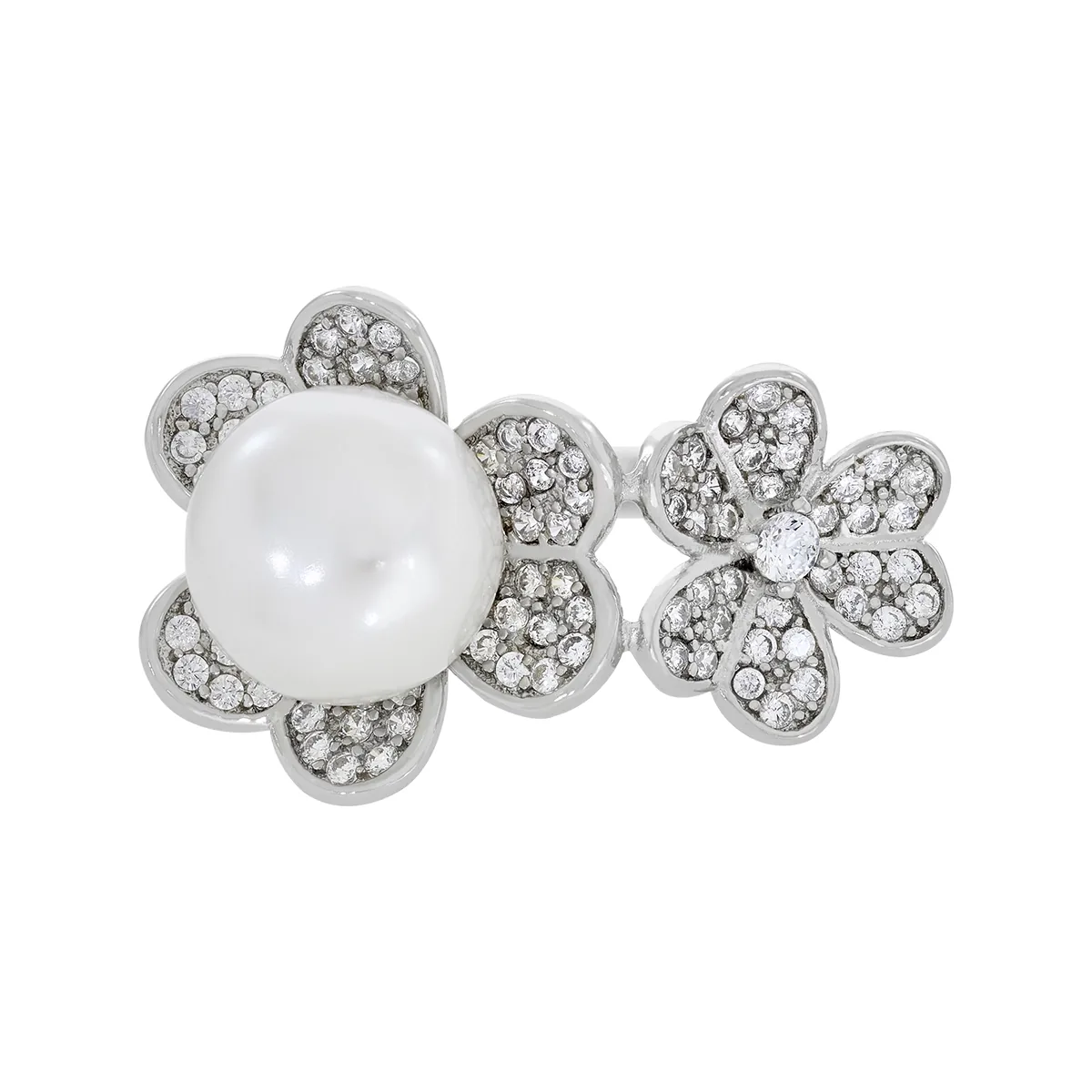 Anillo de flores en plata Ley 925, con perla central de 8 mm de ancho aprox y decoración en zircones - Colección Sueños