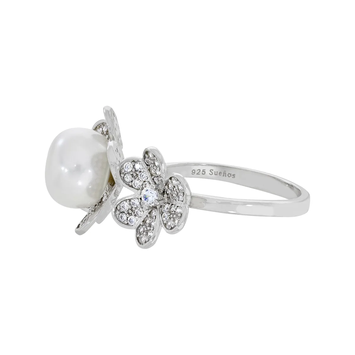 Anillo de flores en plata Ley 925, con perla central de 8 mm de ancho aprox y decoración en zircones - Colección Sueños