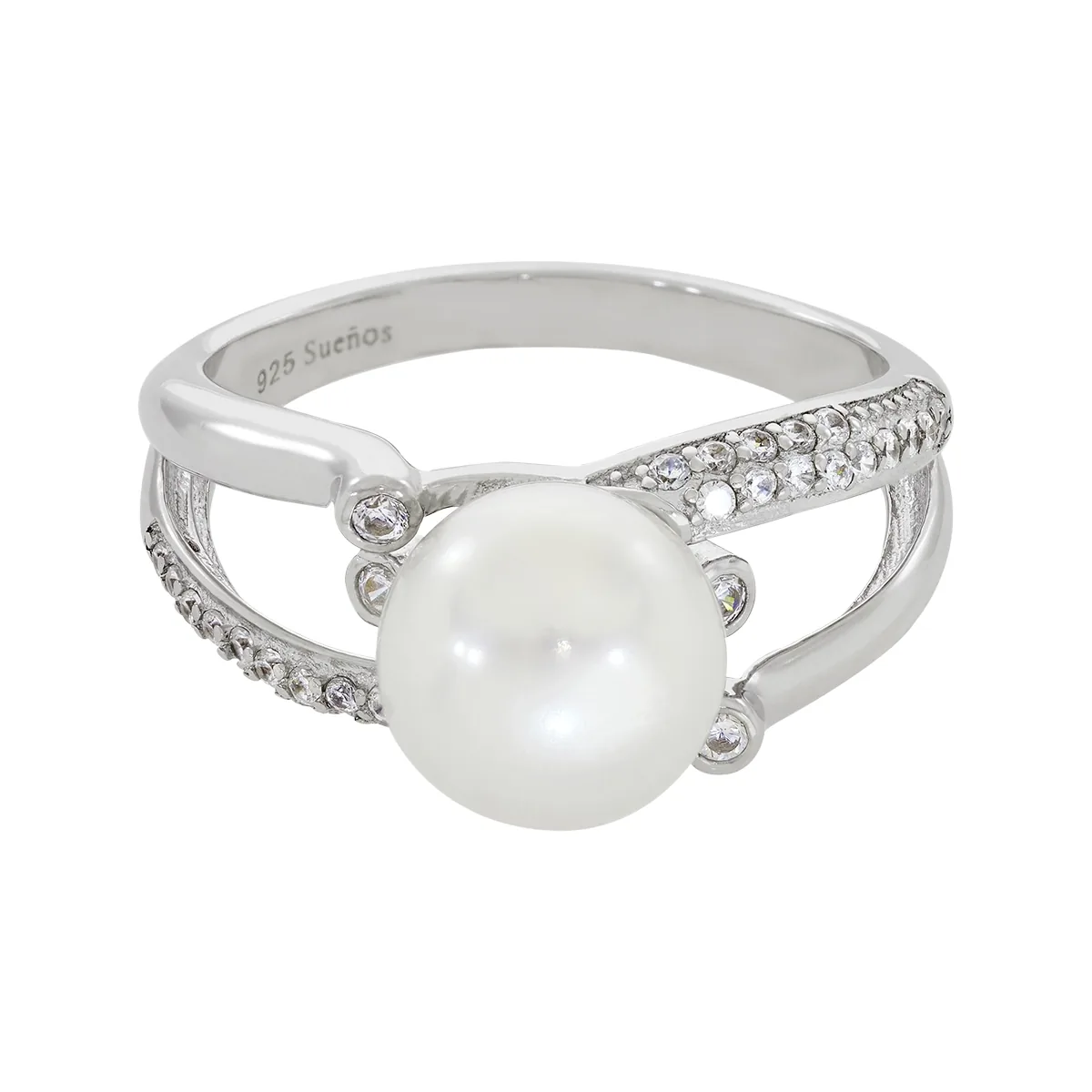 Anillo en plata Ley 925, con perla central de 8 mm de ancho aprox y decoración en zircones, de la coleccion Sueños