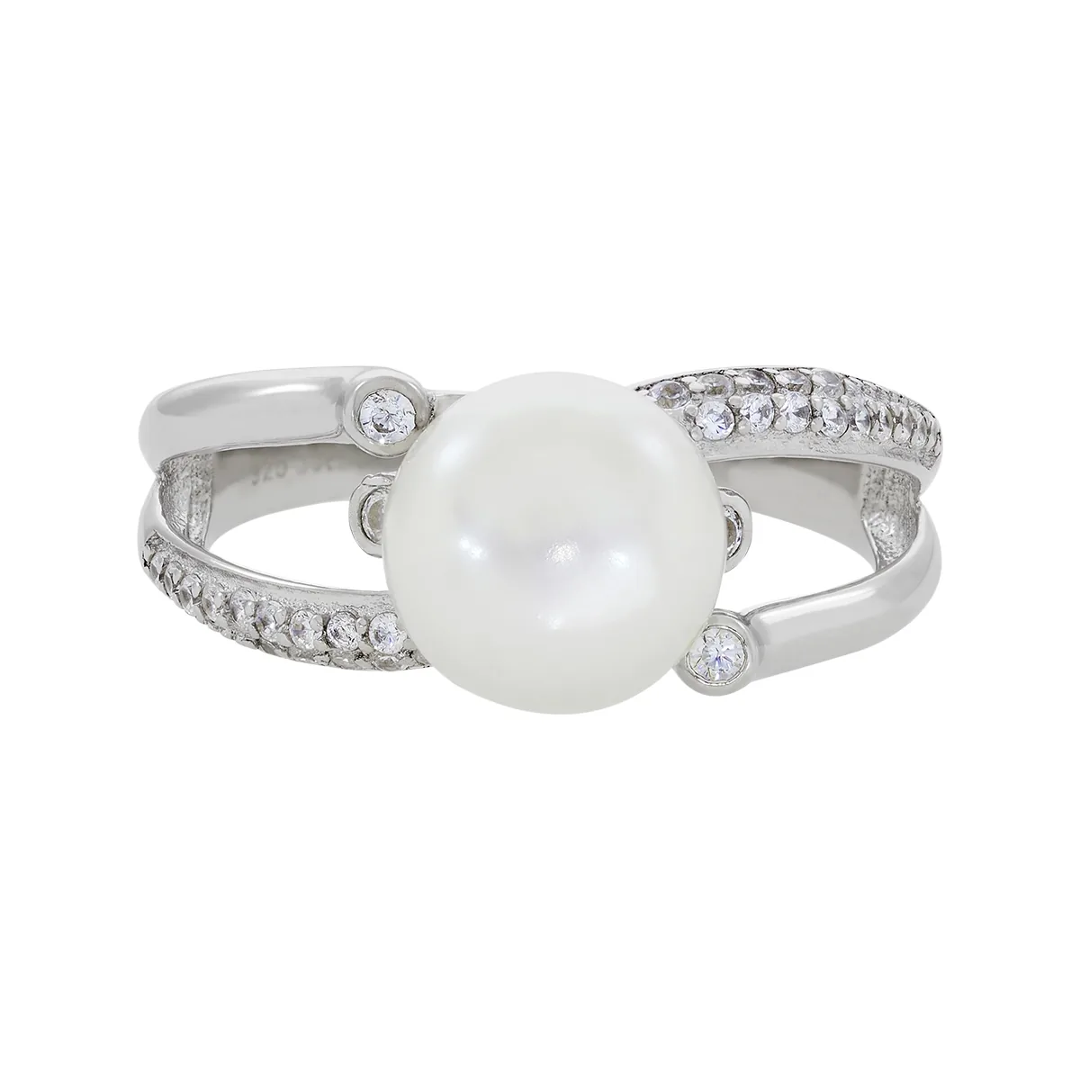 Anillo en plata Ley 925, con perla central de 8 mm de ancho aprox y decoración en zircones, de la coleccion Sueños