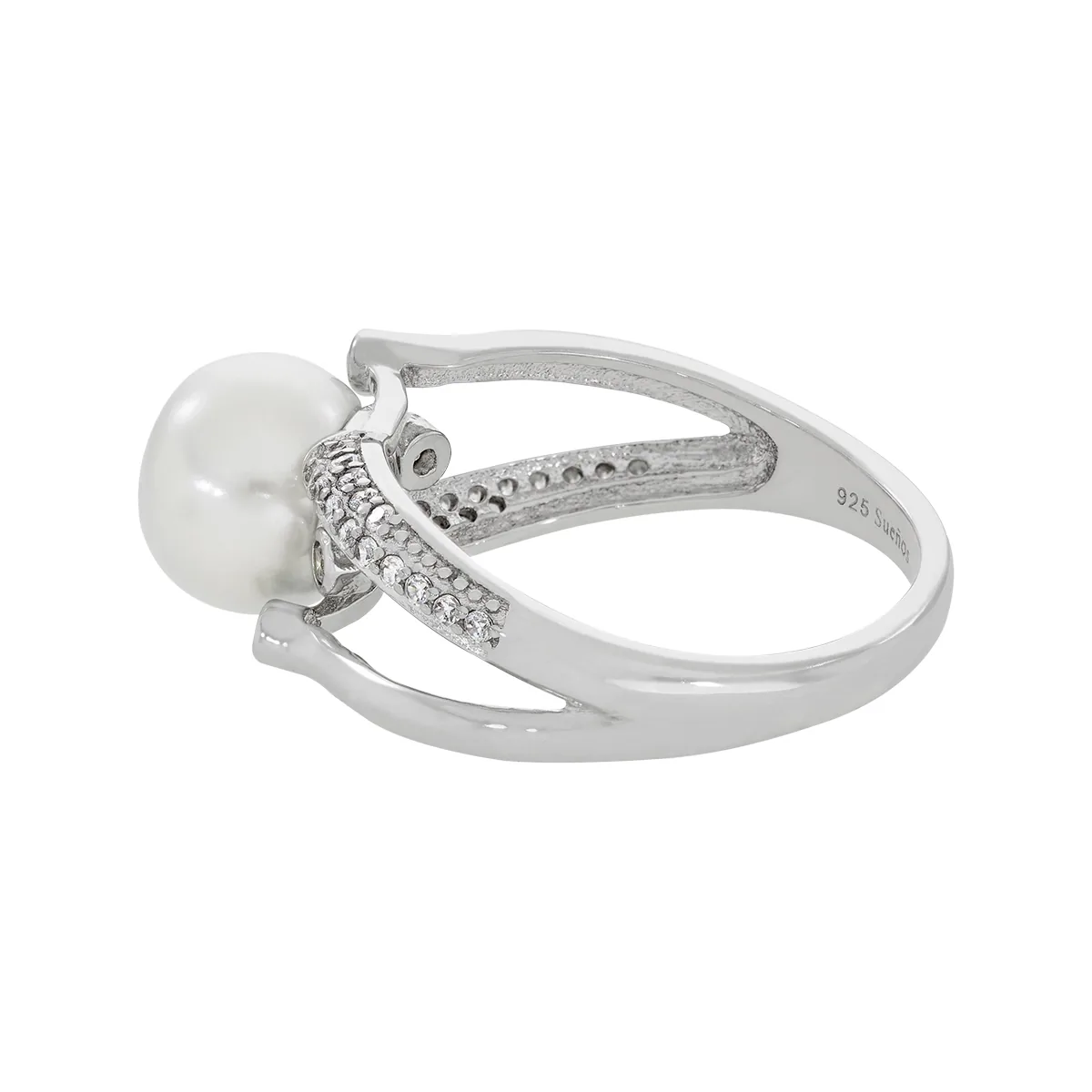Anillo en plata Ley 925, con perla central de 8 mm de ancho aprox y decoración en zircones, de la coleccion Sueños