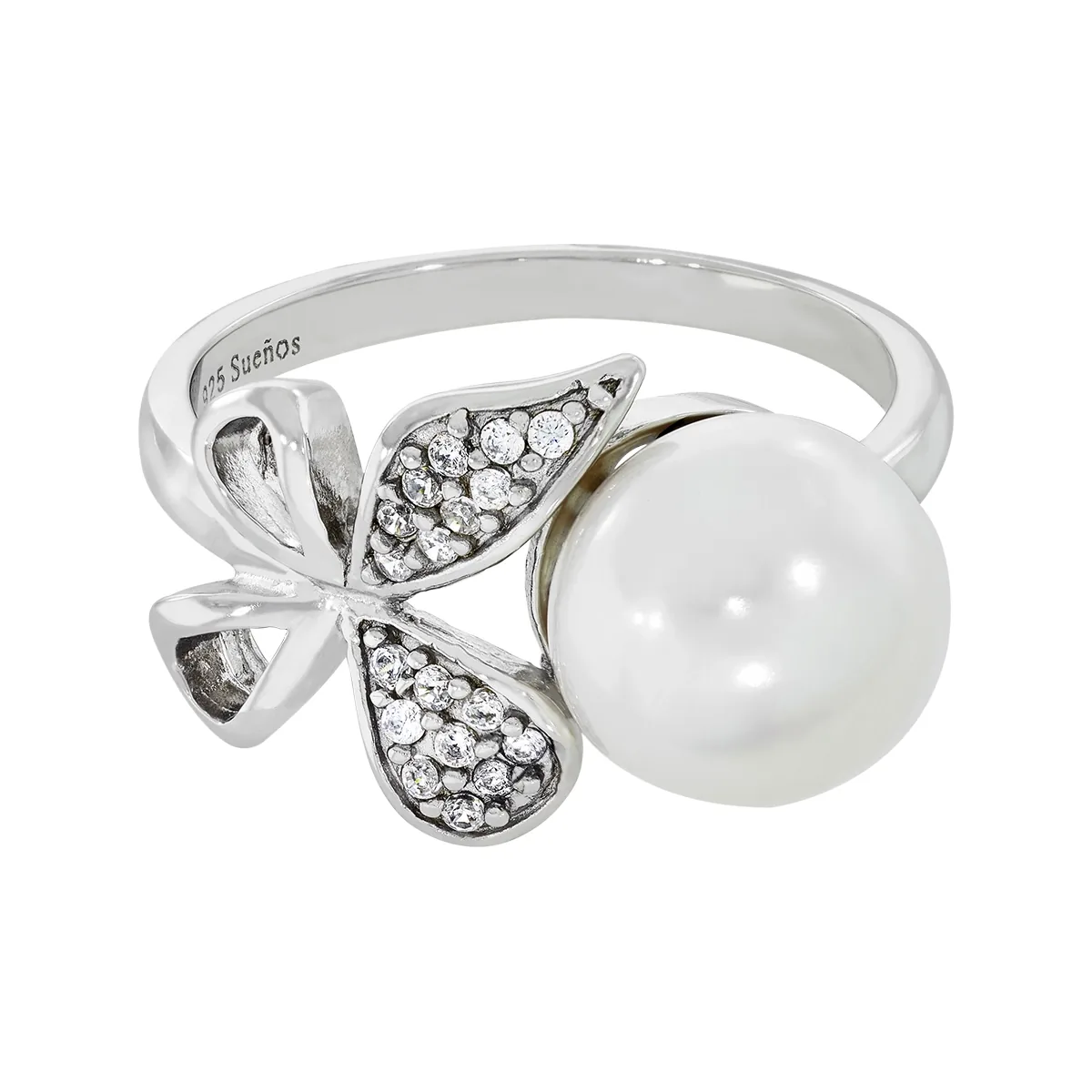 Anillo de mariposa en plata Ley 925, con perla central y decoración en zircones de la coleccion Sueños