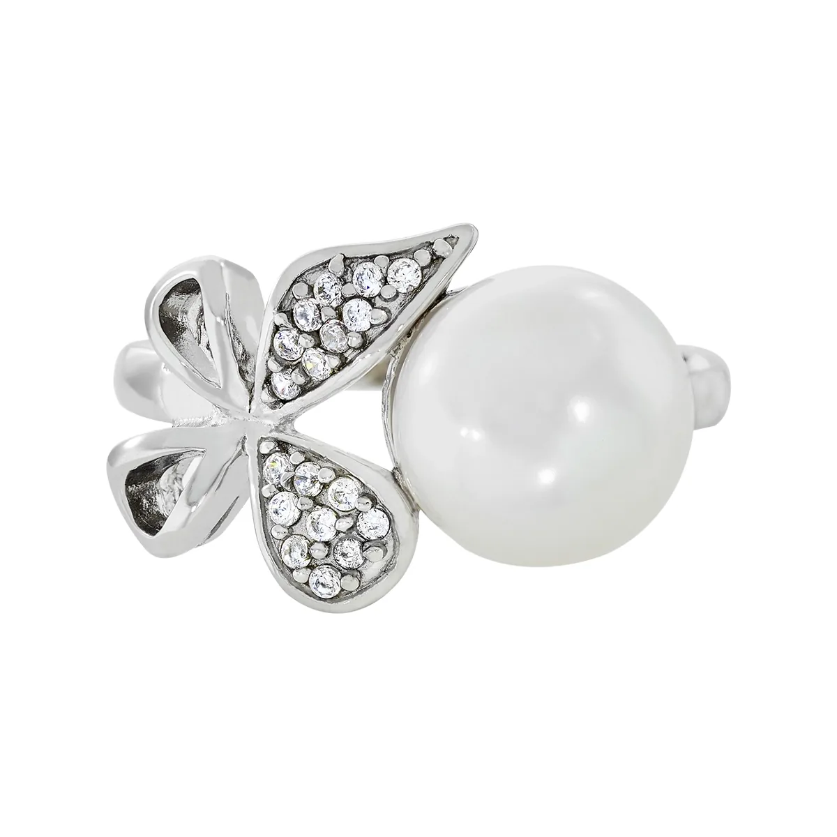Anillo de mariposa en plata Ley 925, con perla central y decoración en zircones de la coleccion Sueños