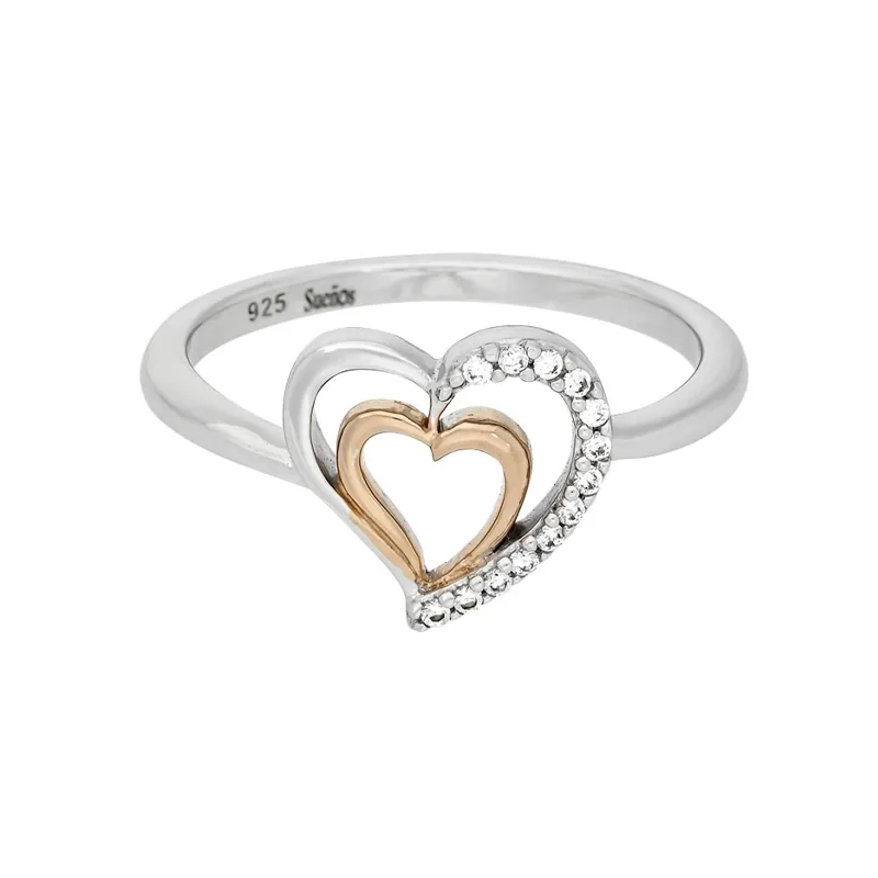 Anillo de corazones en plata Ley 925, con cristales, de la coleccion Sueños