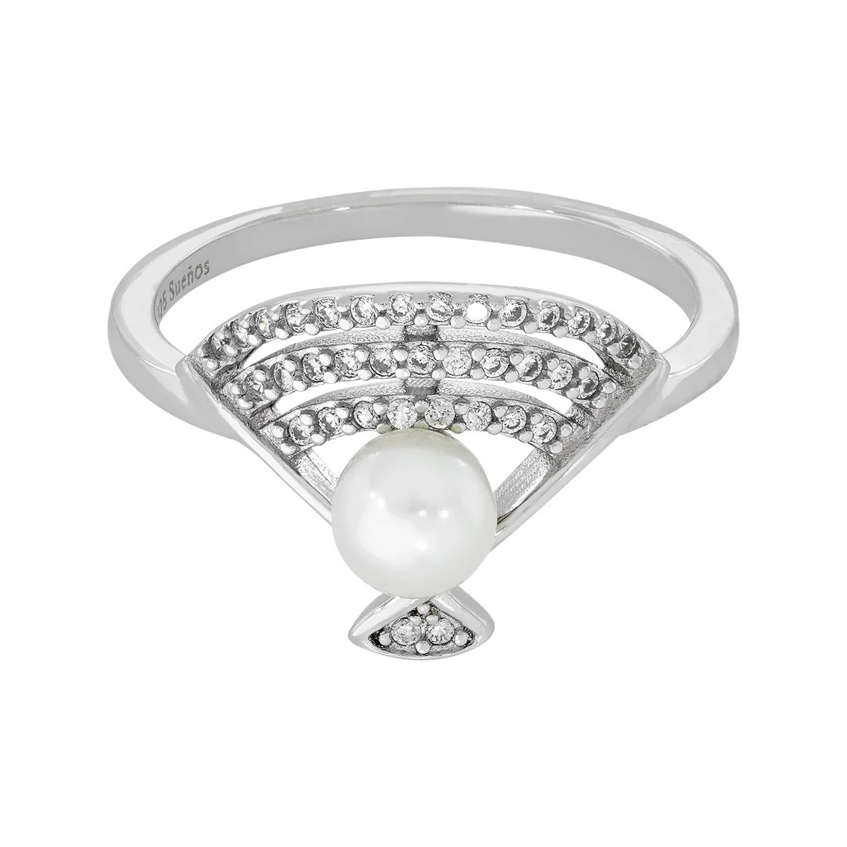 Anillo en plata Ley 925, con perla central de 4 mm de ancho aprox y decoración en zircones, de la coleccion Sueños