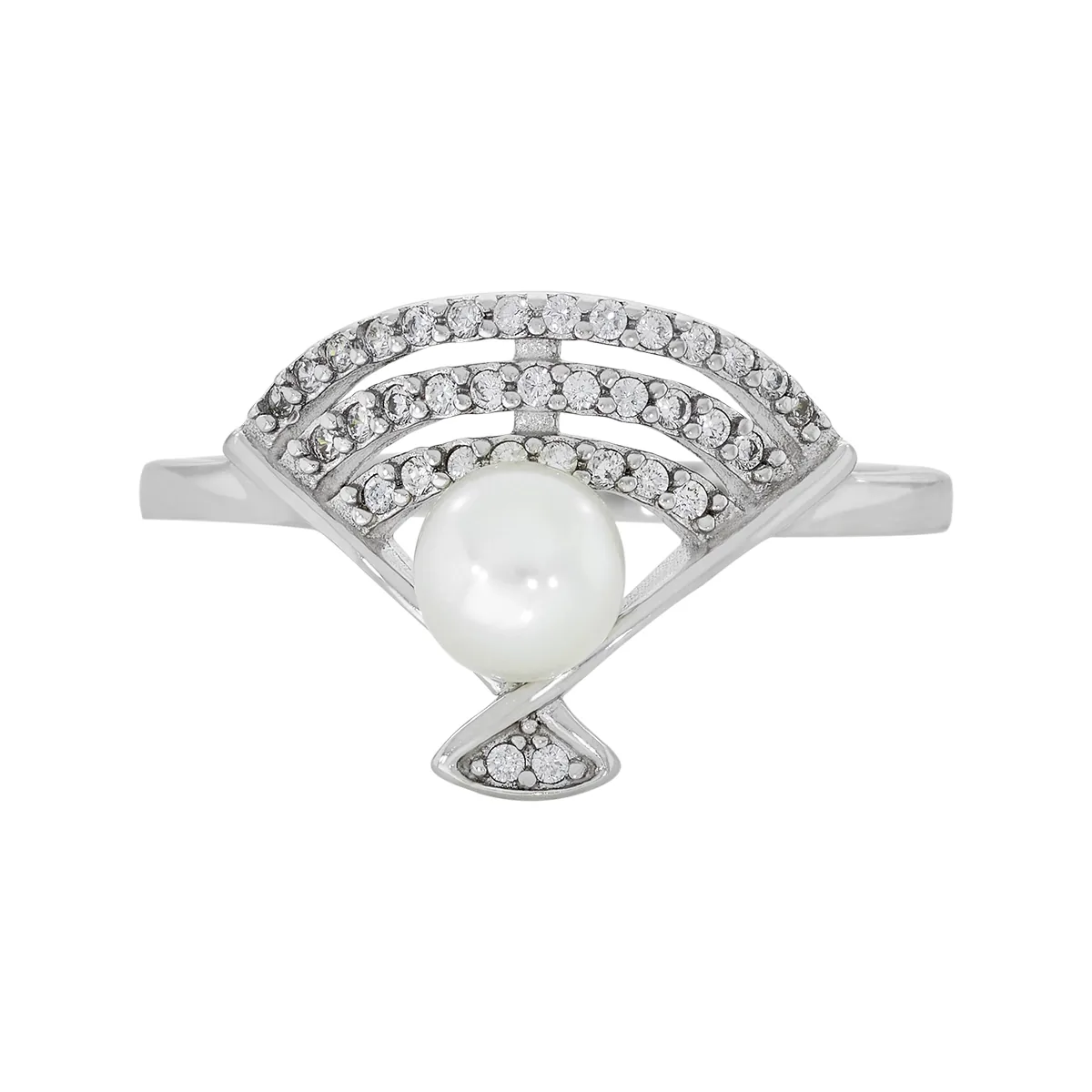 Anillo en plata Ley 925, con perla central de 4 mm de ancho aprox y decoración en zircones, de la coleccion Sueños