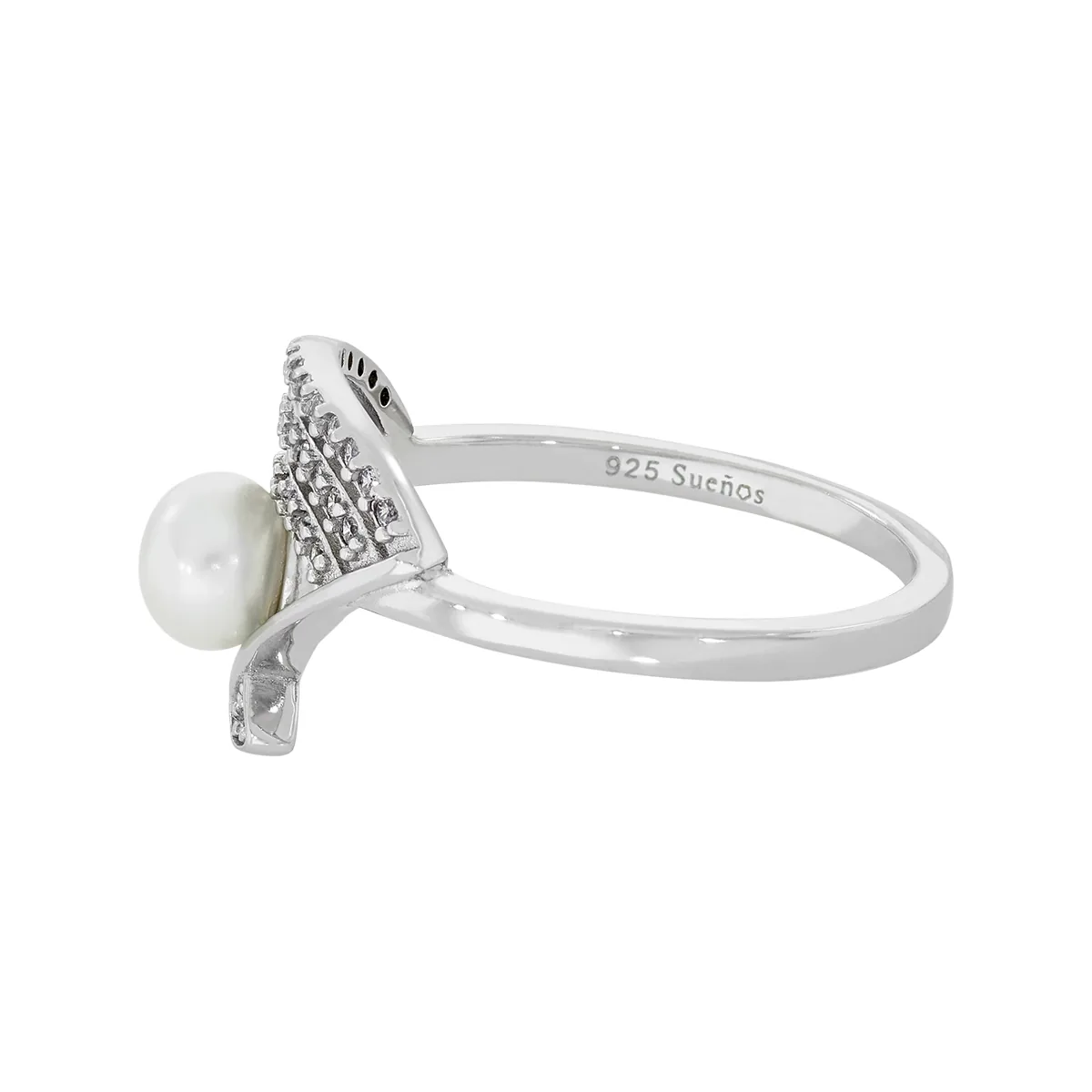 Anillo en plata Ley 925, con perla central de 4 mm de ancho aprox y decoración en zircones, de la coleccion Sueños