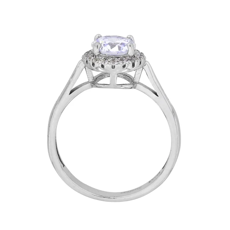 Anillo de halo redondo, con cristal central redondo y decoración en cristales, en plata ley 925, rodinado - Colección Sueños