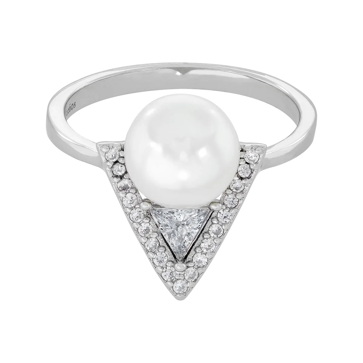 Anillo en plata Ley 925, con perla central de 7 mm de ancho aprox, decoración en zircon y zircones, de la coleccion Sueños