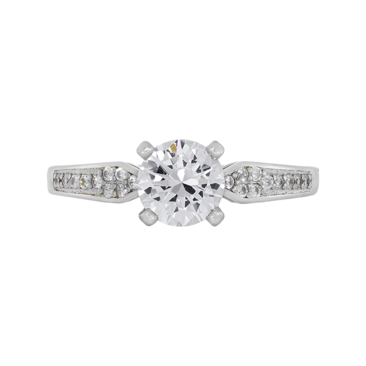 Anillo con zircon central redondo y decoración en zircones, en plata ley 925, rodinado, liso - Colección Sueños