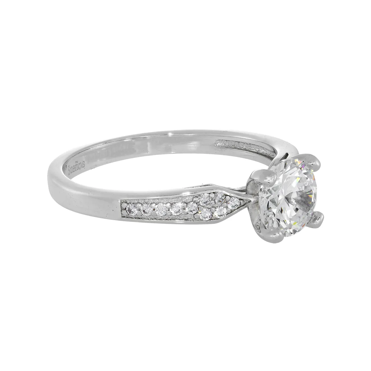 Anillo con zircon central redondo y decoración en zircones, en plata ley 925, rodinado, liso - Colección Sueños