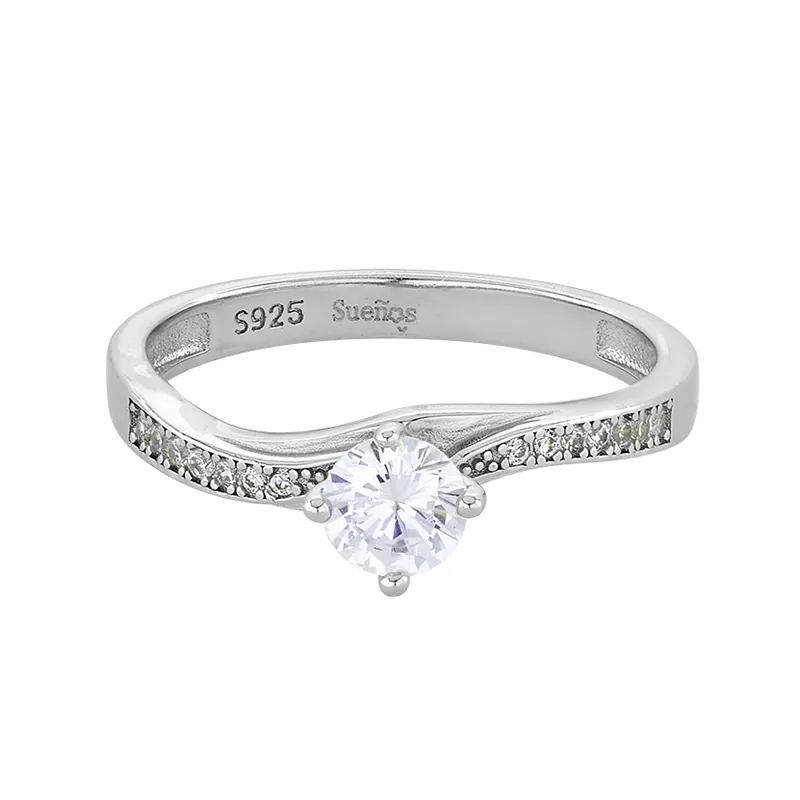 Anillo con cristal central redondo y decoración en cristales, en plata ley 925, rodinado - Colección Sueños
