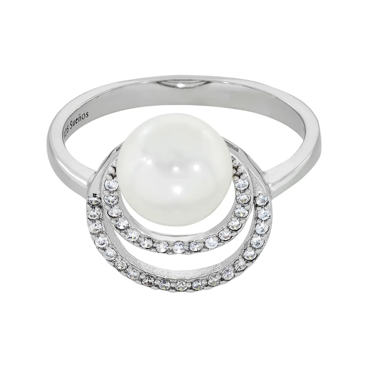 Anillo en plata Ley 925, con perla central de 7 mm de ancho aprox y decoración en zircones, de la coleccion Sueños