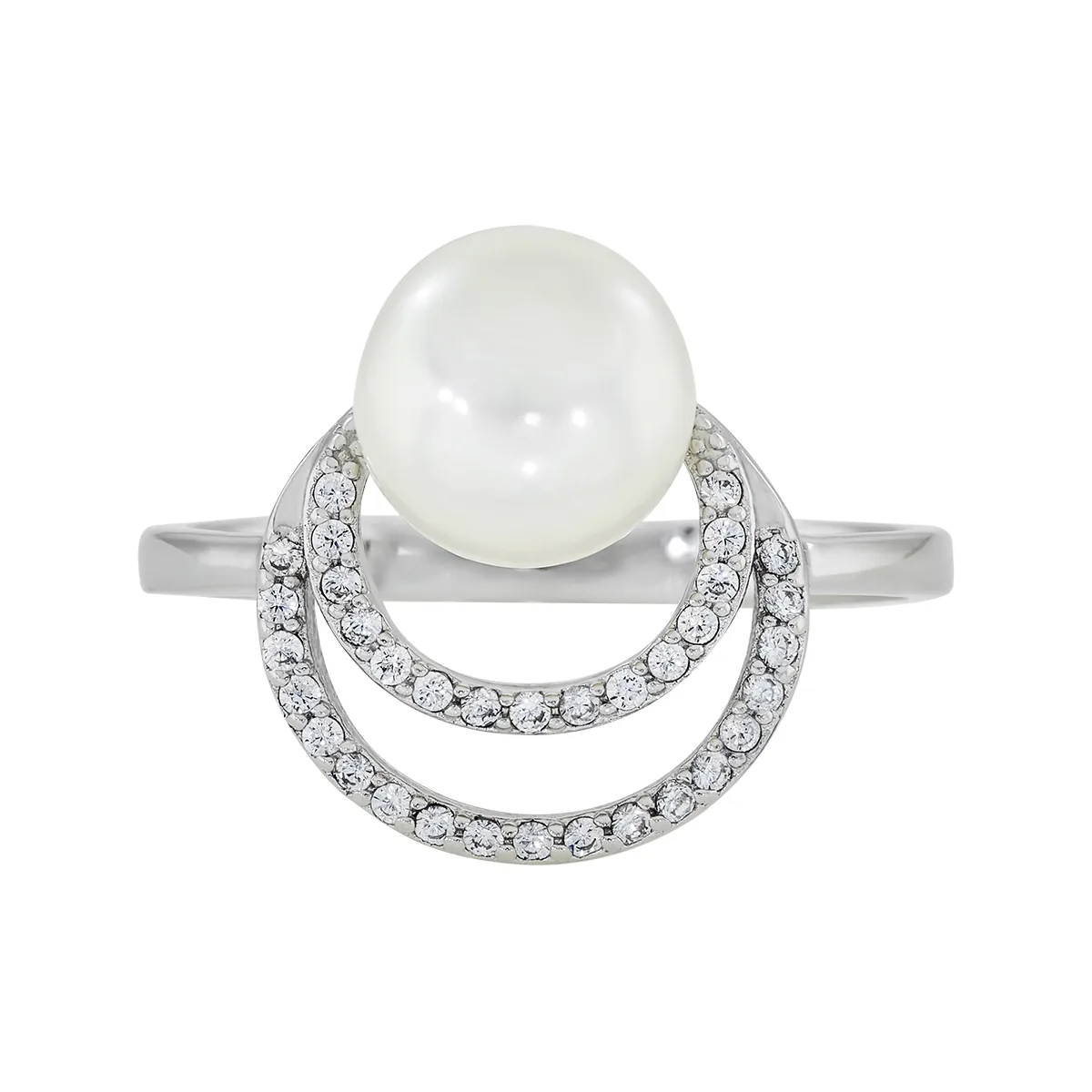 Anillo en plata Ley 925, con perla central de 7 mm de ancho aprox y decoración en zircones, de la coleccion Sueños