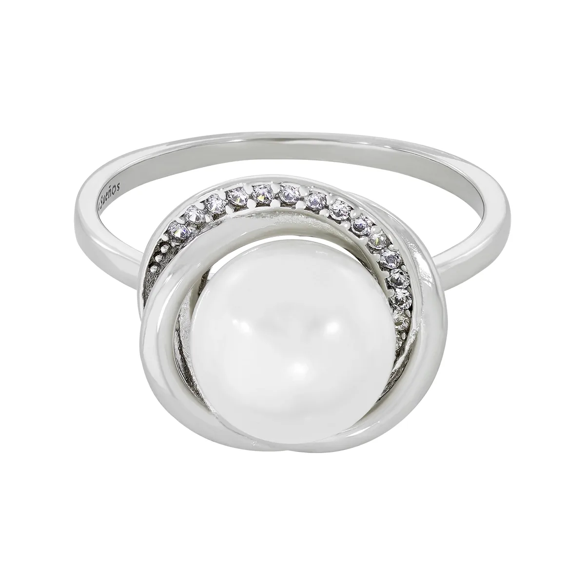 Anillo en plata Ley 925, con perla central de 8 mm de ancho aprox y decoración en zircones, de la coleccion Sueños