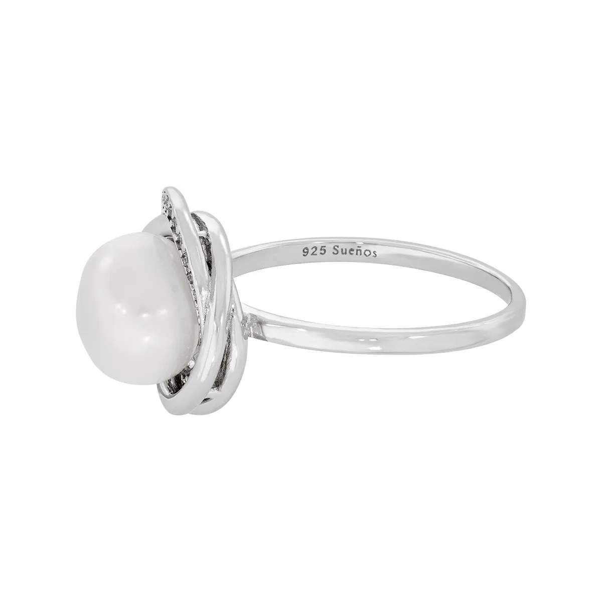 Anillo en plata Ley 925, con perla central de 8 mm de ancho aprox y decoración en zircones, de la coleccion Sueños