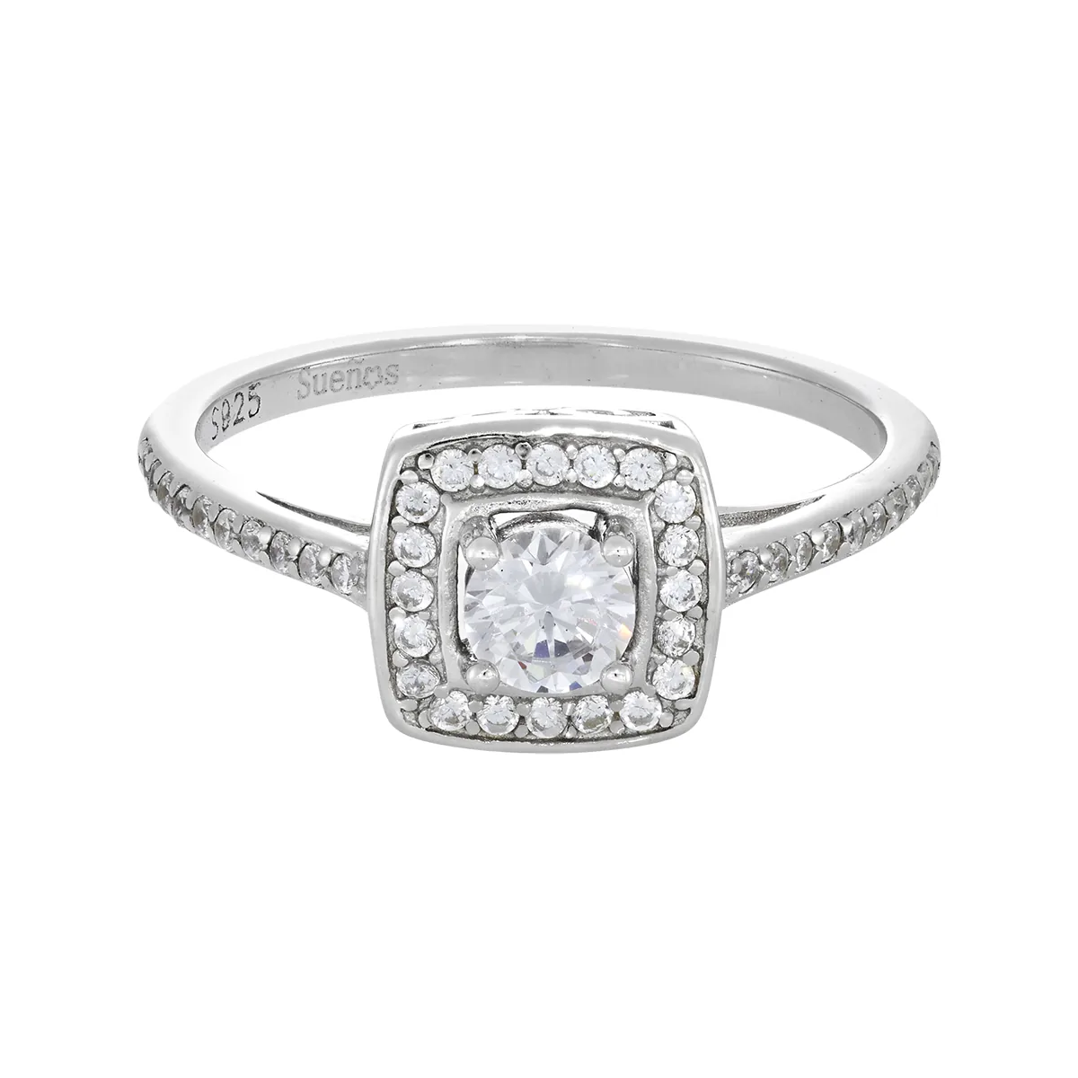 Anillo de halo cuadrado, con zircon central redondo y decoración en zircones, en plata ley 925, rodinado, liso - Colección Sueños