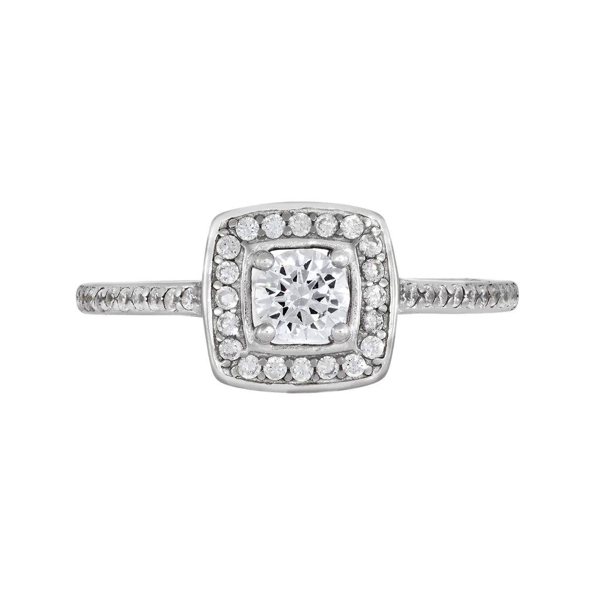 Anillo de halo cuadrado, con zircon central redondo y decoración en zircones, en plata ley 925, rodinado, liso - Colección Sueños
