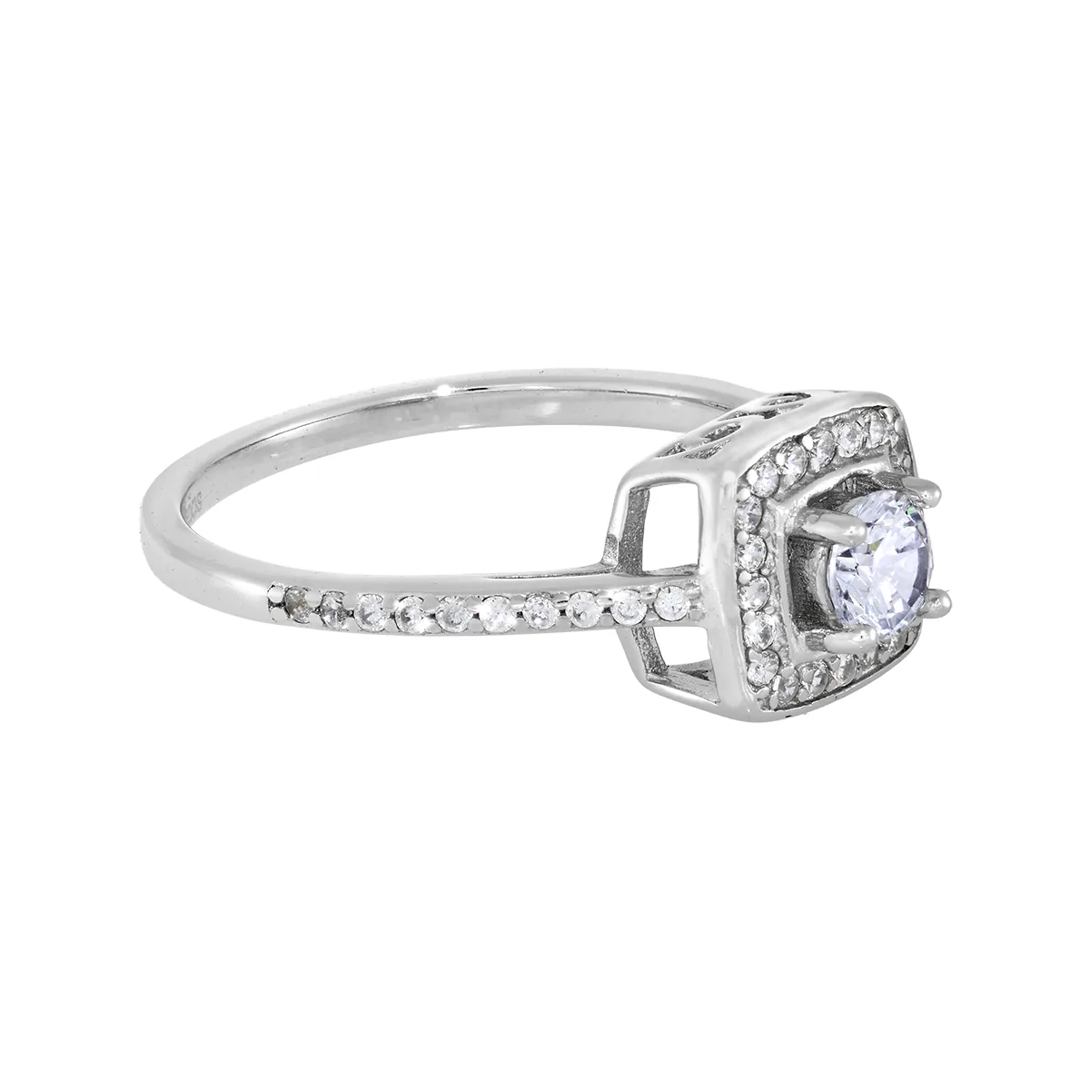 Anillo de halo cuadrado, con zircon central redondo y decoración en zircones, en plata ley 925, rodinado, liso - Colección Sueños