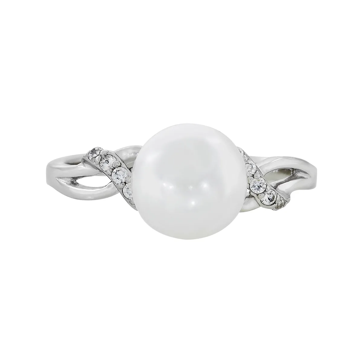 Anillo en plata Ley 925, con perla central de 8 mm de ancho aprox y decoración en zircones, de la coleccion Sueños
