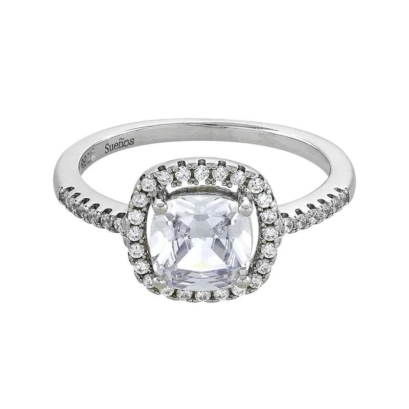 Anillo de halo cuadrado, con cristal central cuadrado y decoración en cristales, en plata ley 925, rodinado - Colección Sueños