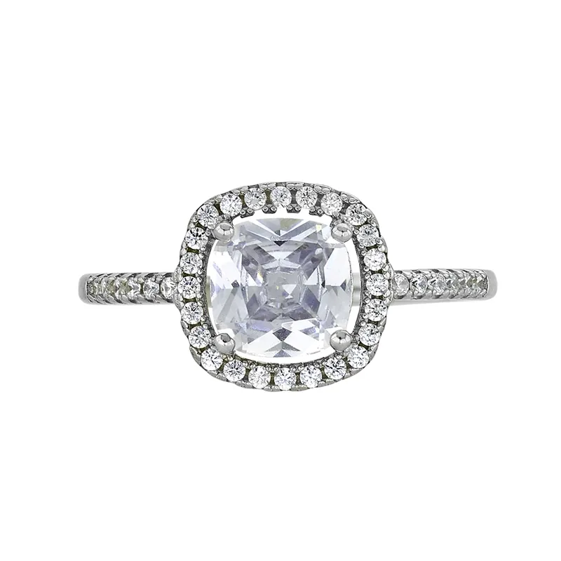 Anillo de halo cuadrado, con cristal central cuadrado y decoración en cristales, en plata ley 925, rodinado - Colección Sueños