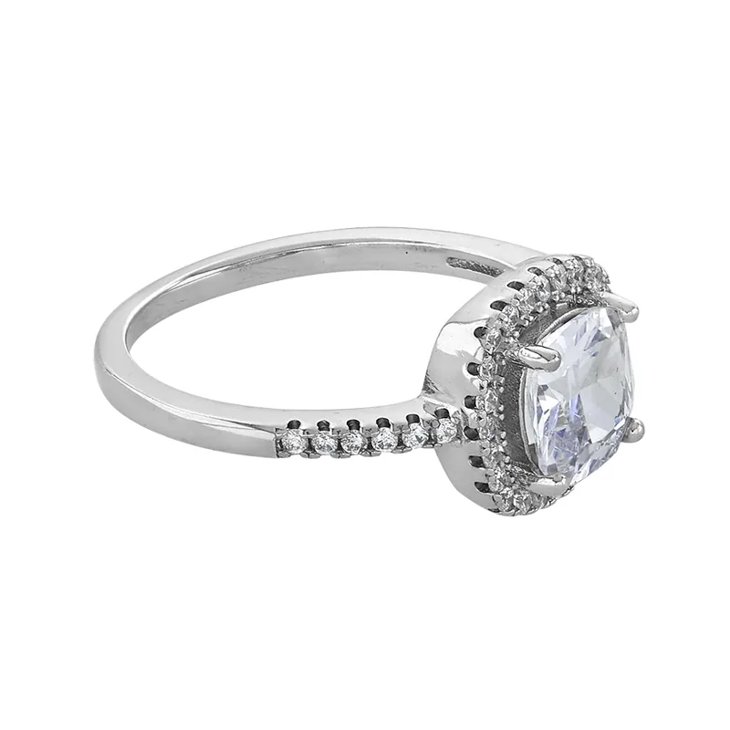 Anillo de halo cuadrado, con cristal central cuadrado y decoración en cristales, en plata ley 925, rodinado - Colección Sueños