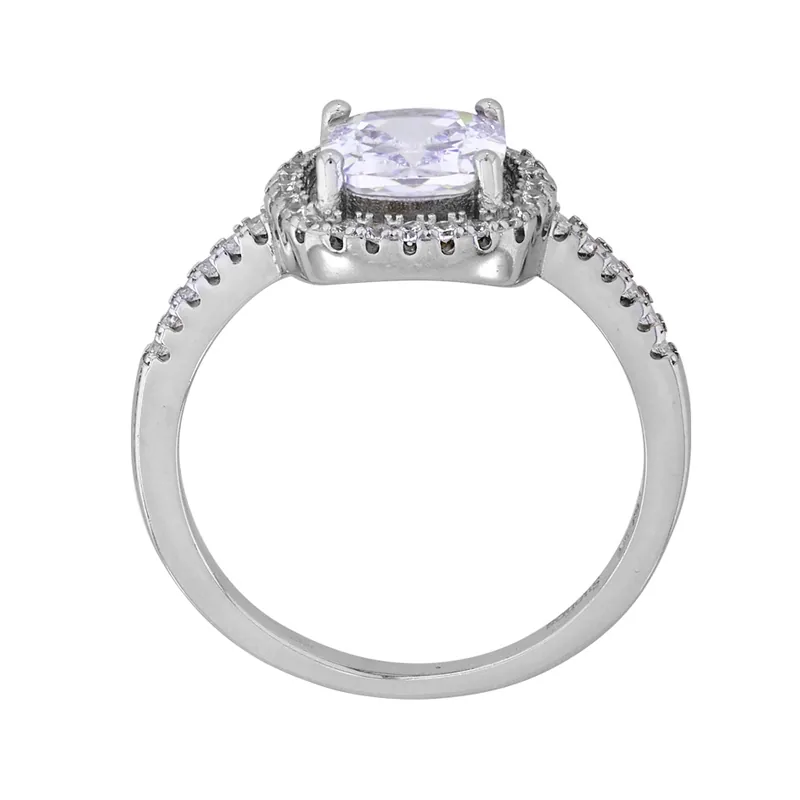 Anillo de halo cuadrado, con cristal central cuadrado y decoración en cristales, en plata ley 925, rodinado - Colección Sueños