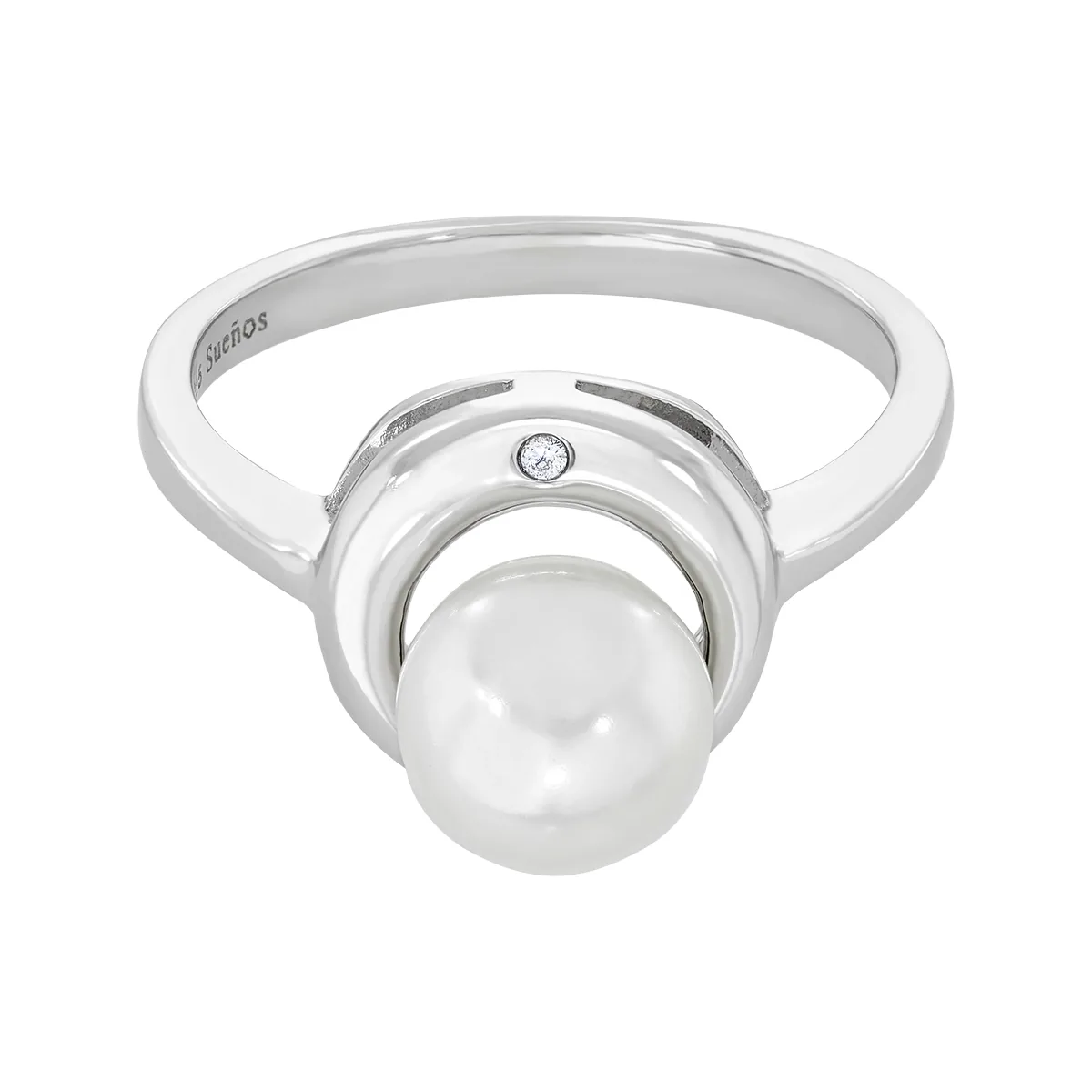 Anillo en plata Ley 925, con perla central de 7 mm de ancho aprox y decoración en zircon, de la coleccion Sueños