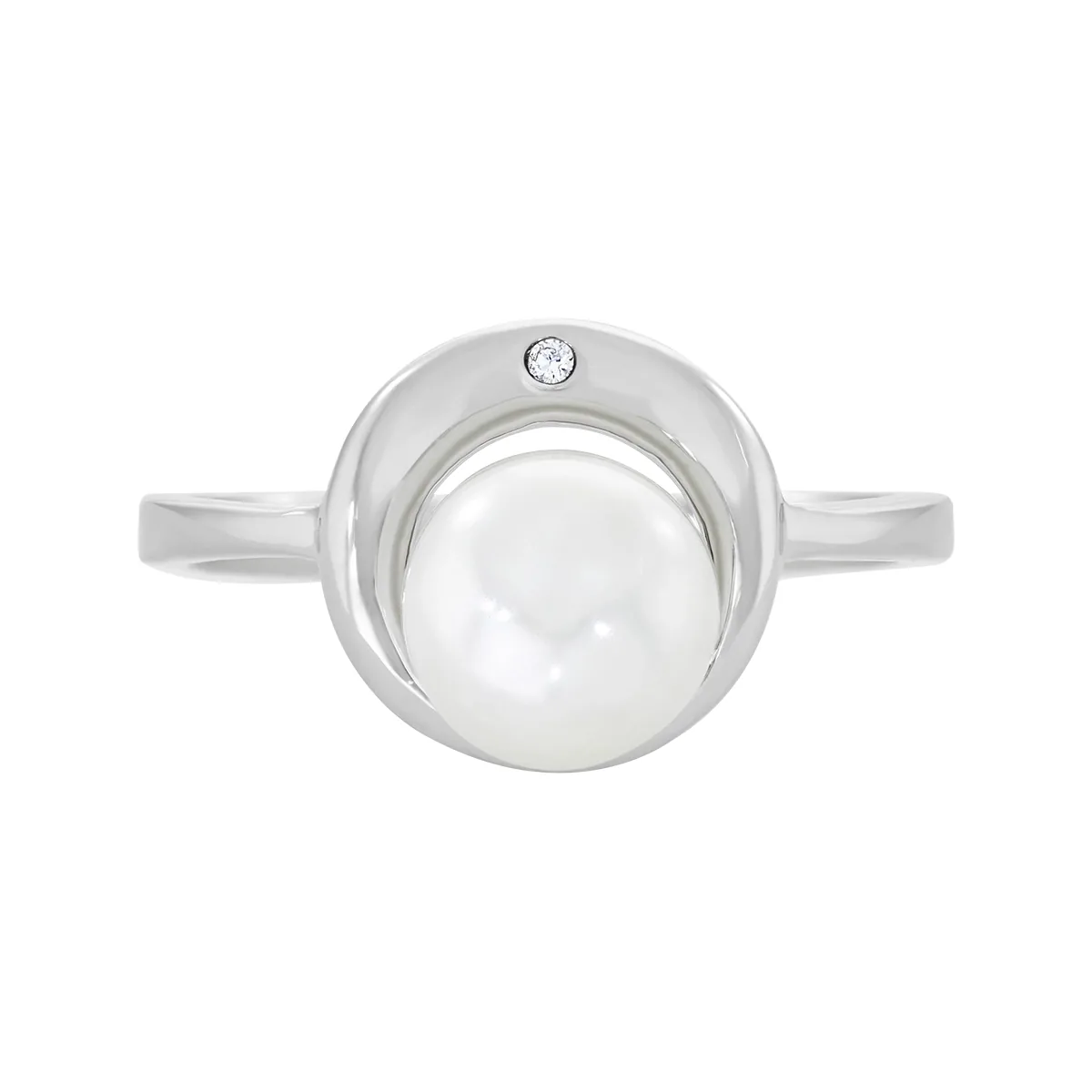 Anillo en plata Ley 925, con perla central de 7 mm de ancho aprox y decoración en zircon, de la coleccion Sueños