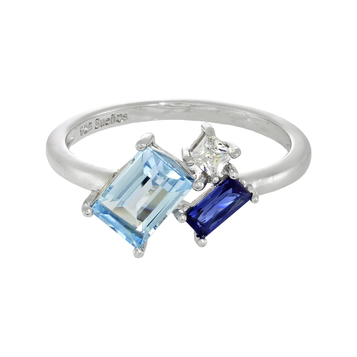 Anillo con zircon central rectángulo y decoración en zircon, en plata ley 925, rodinado, liso - Colección Sueños