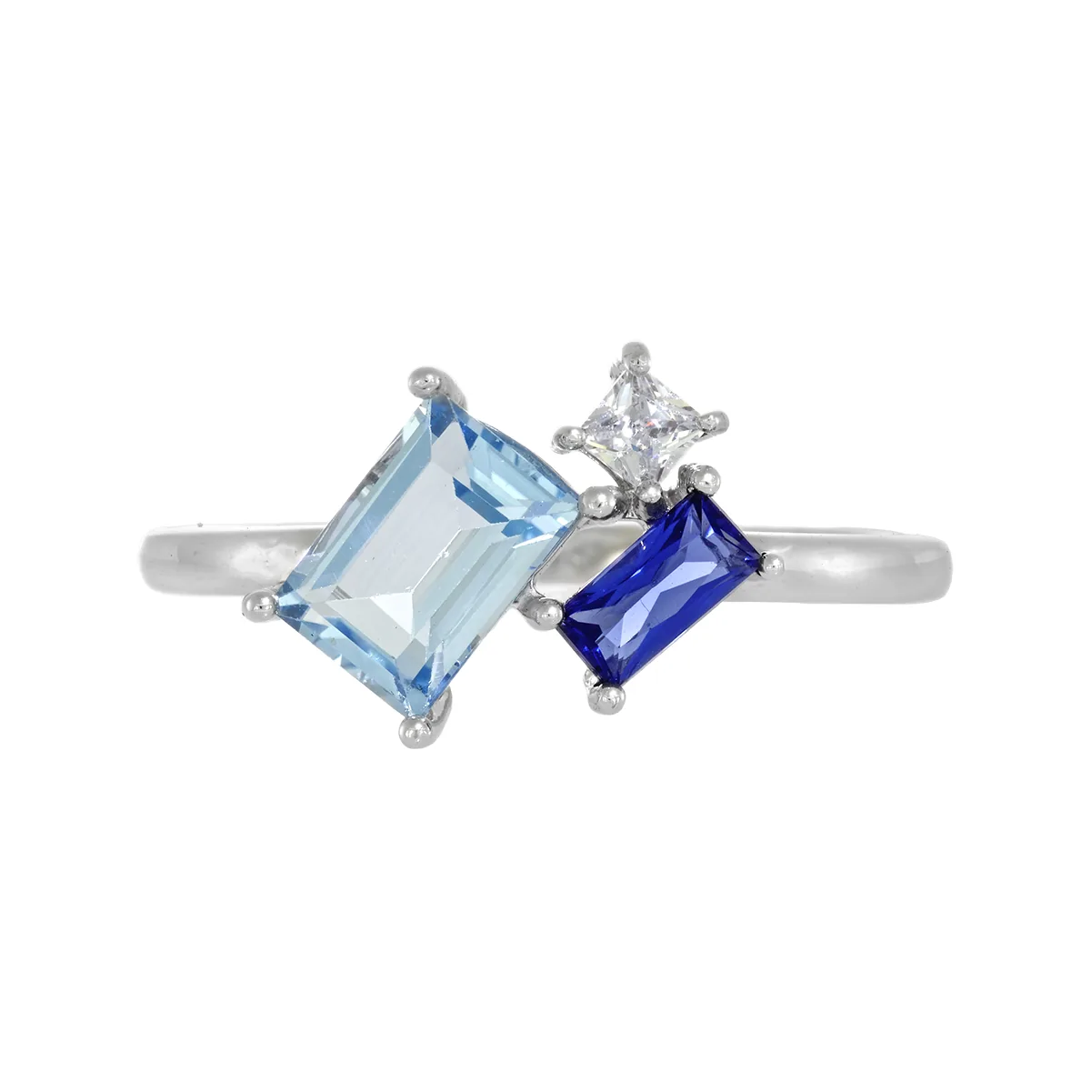 Anillo con zircon central rectángulo y decoración en zircon, en plata ley 925, rodinado, liso - Colección Sueños