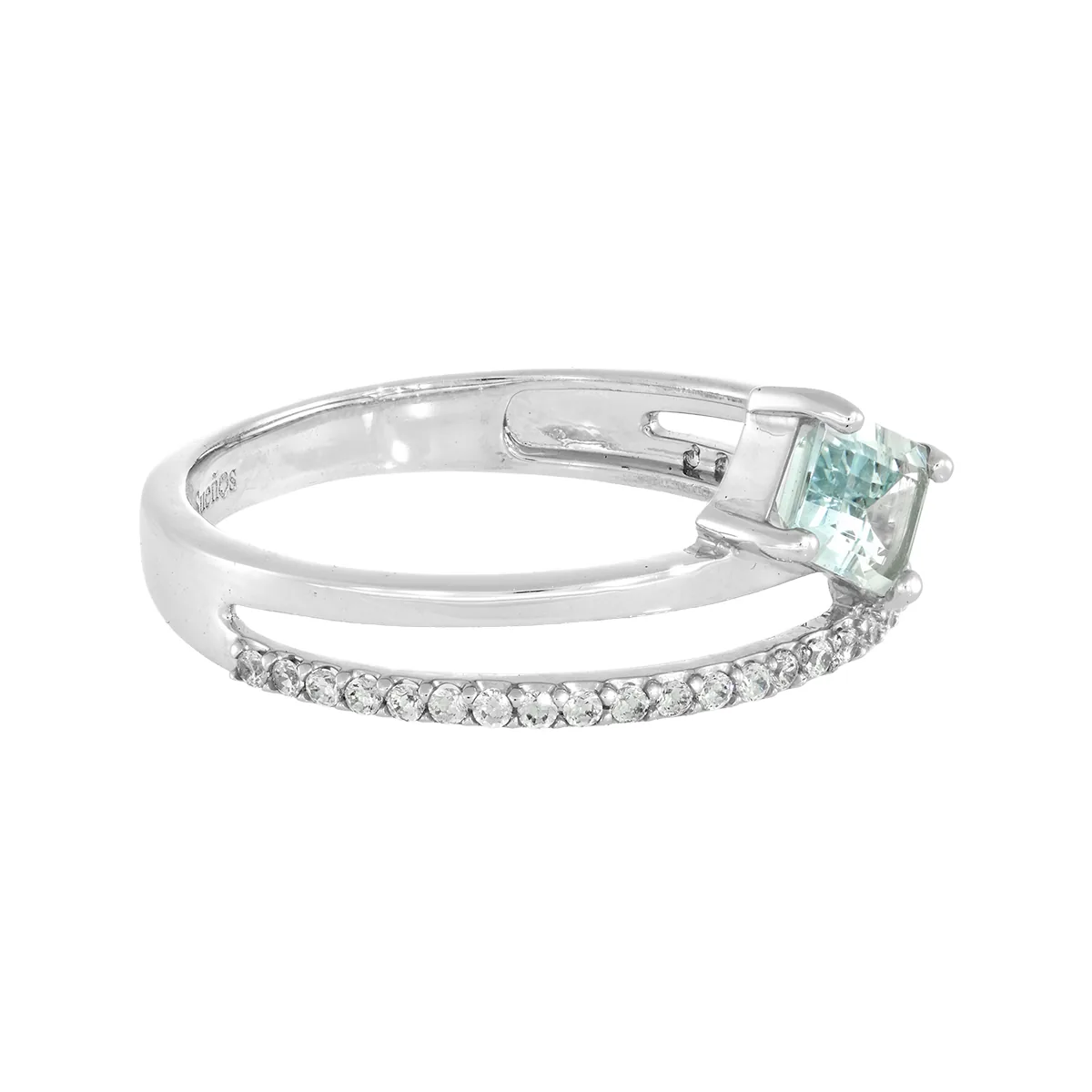 Anillo franjas, con zircon central rectángulo y decoración en zircones, en plata ley 925, rodinado
