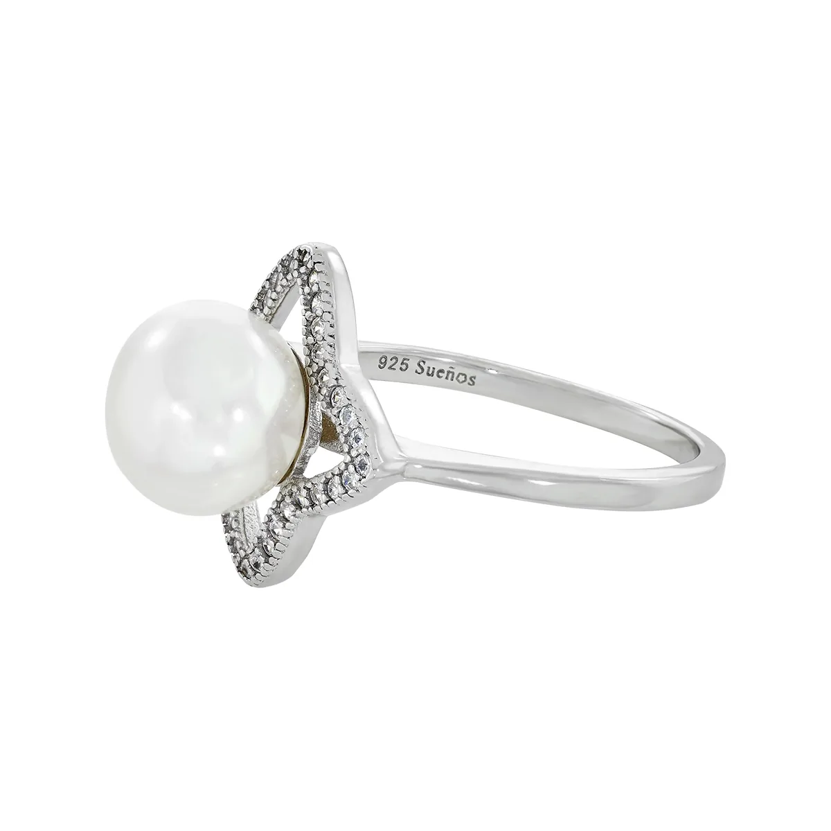 Anillo estrella en plata Ley 925, con perla central de 8 mm de ancho aprox y decoración en zircones - Colección Sueños