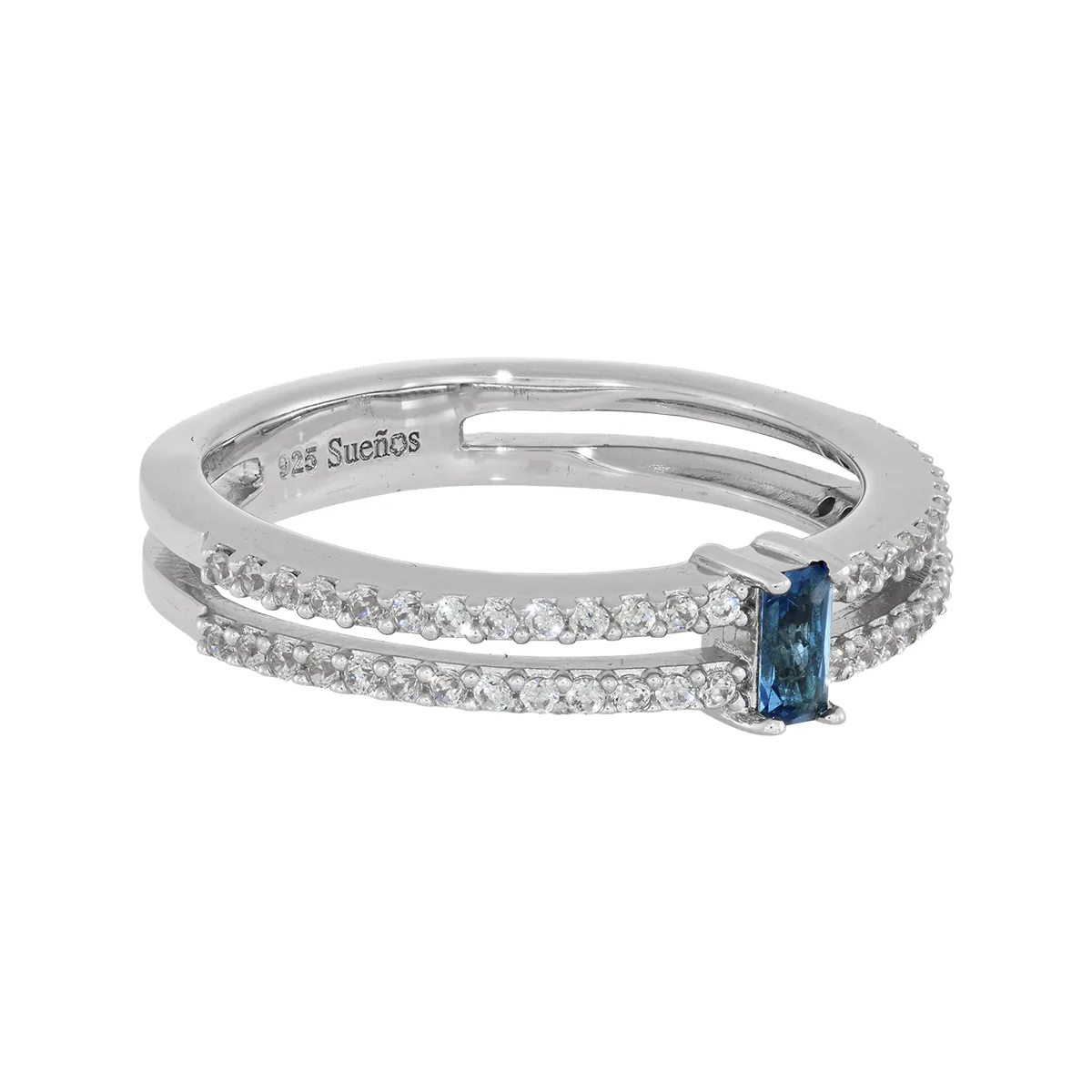 Anillo con zircon central rectángulo y decoración en zircones, en plata ley 925, rodinado - Colección Sueños