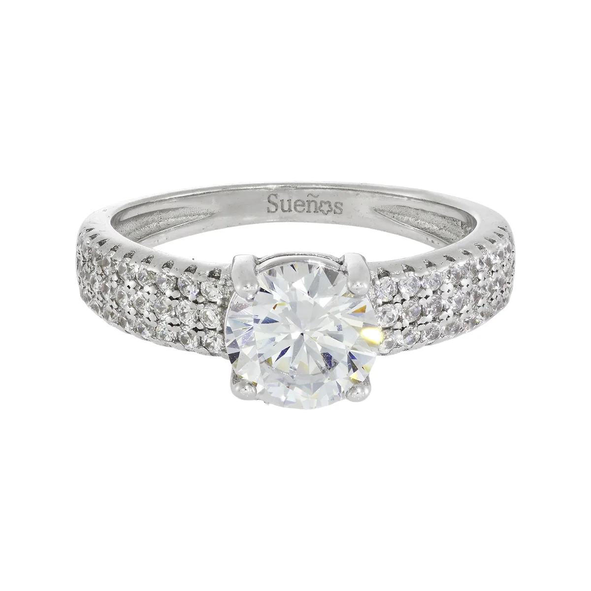 Anillo con zircon central redondo y decoración en zircones, en plata ley 925, rodinado, liso - Colección Sueños