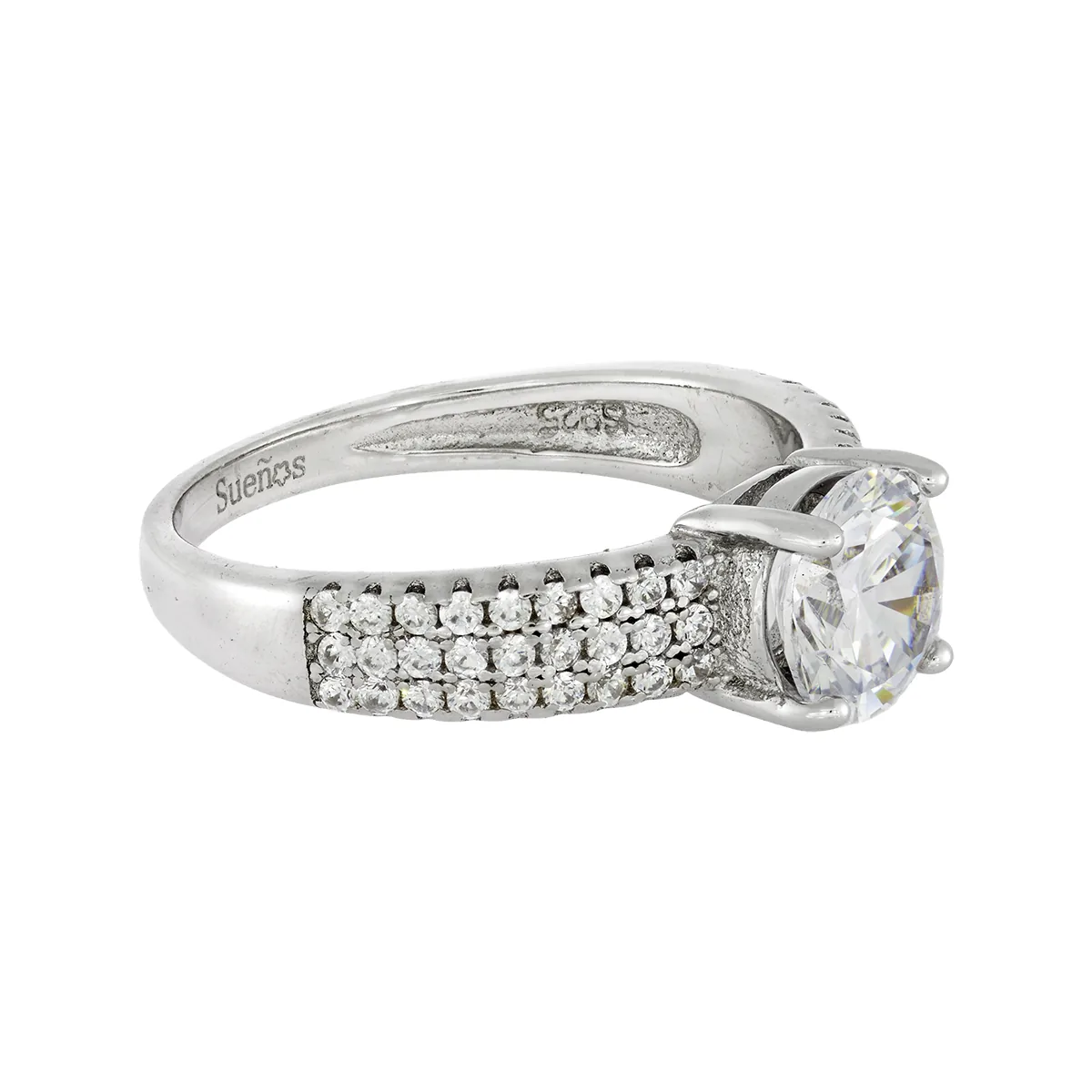 Anillo con zircon central redondo y decoración en zircones, en plata ley 925, rodinado, liso - Colección Sueños