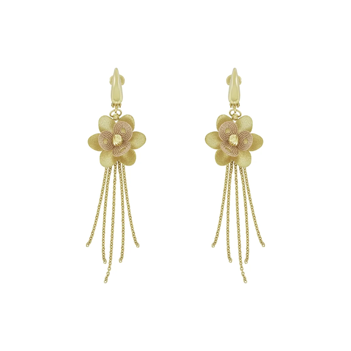 Aretes en oro amarillo de 18 Kilates con visos satinado diamantado, Flores