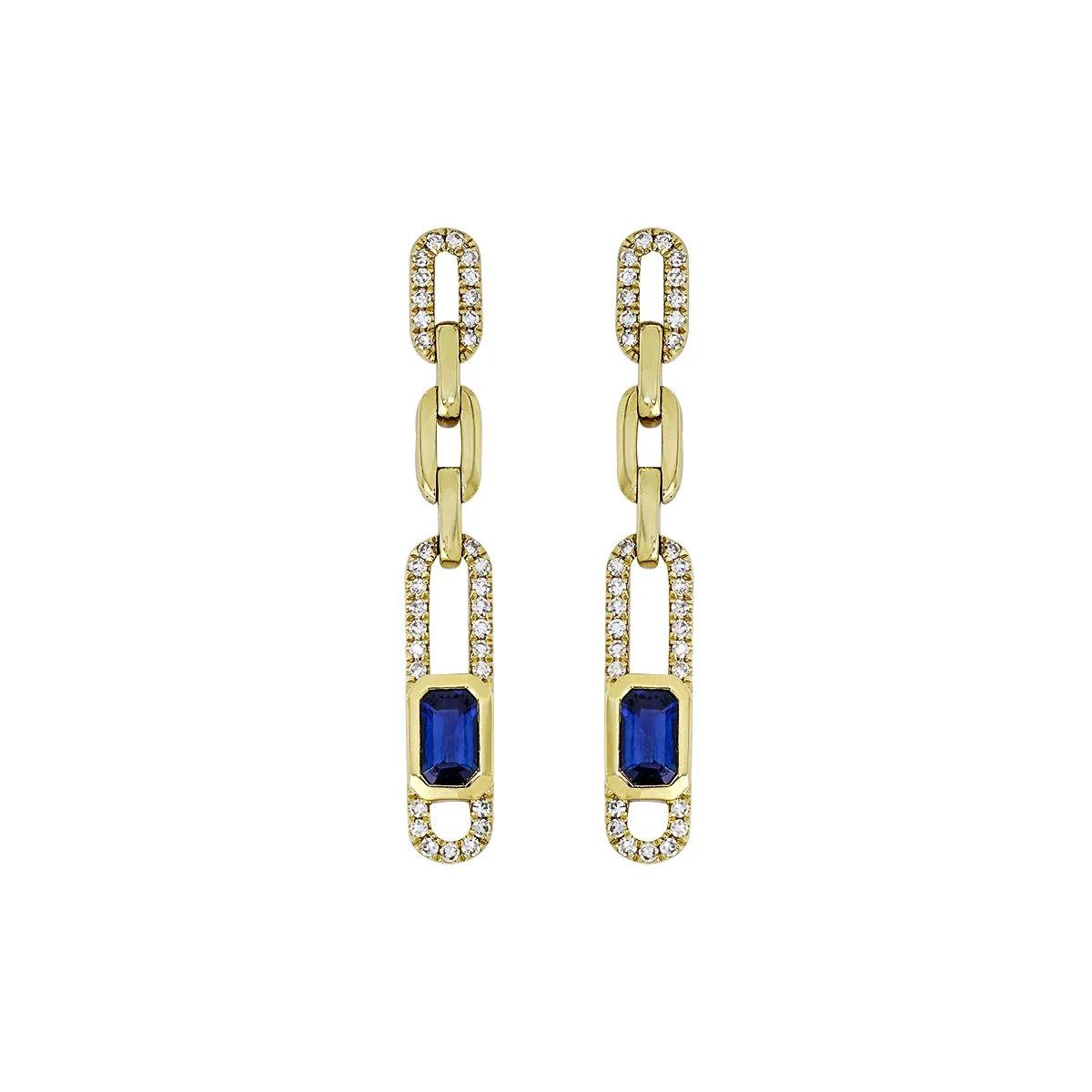 Aretes en oro amarillo de 18 Kilates, Figuras geométricas, con 2 zafiros centrales de 0.65 Ct y decoración en diamantes de 0.23 Ct