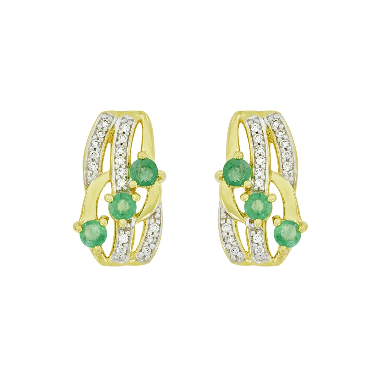 Aretes en oro amarillo de 18 Kilates, Franjas, con 6 esmeraldas centrales de 0.75 Ct y decoración en diamantes de 0.16 Ct