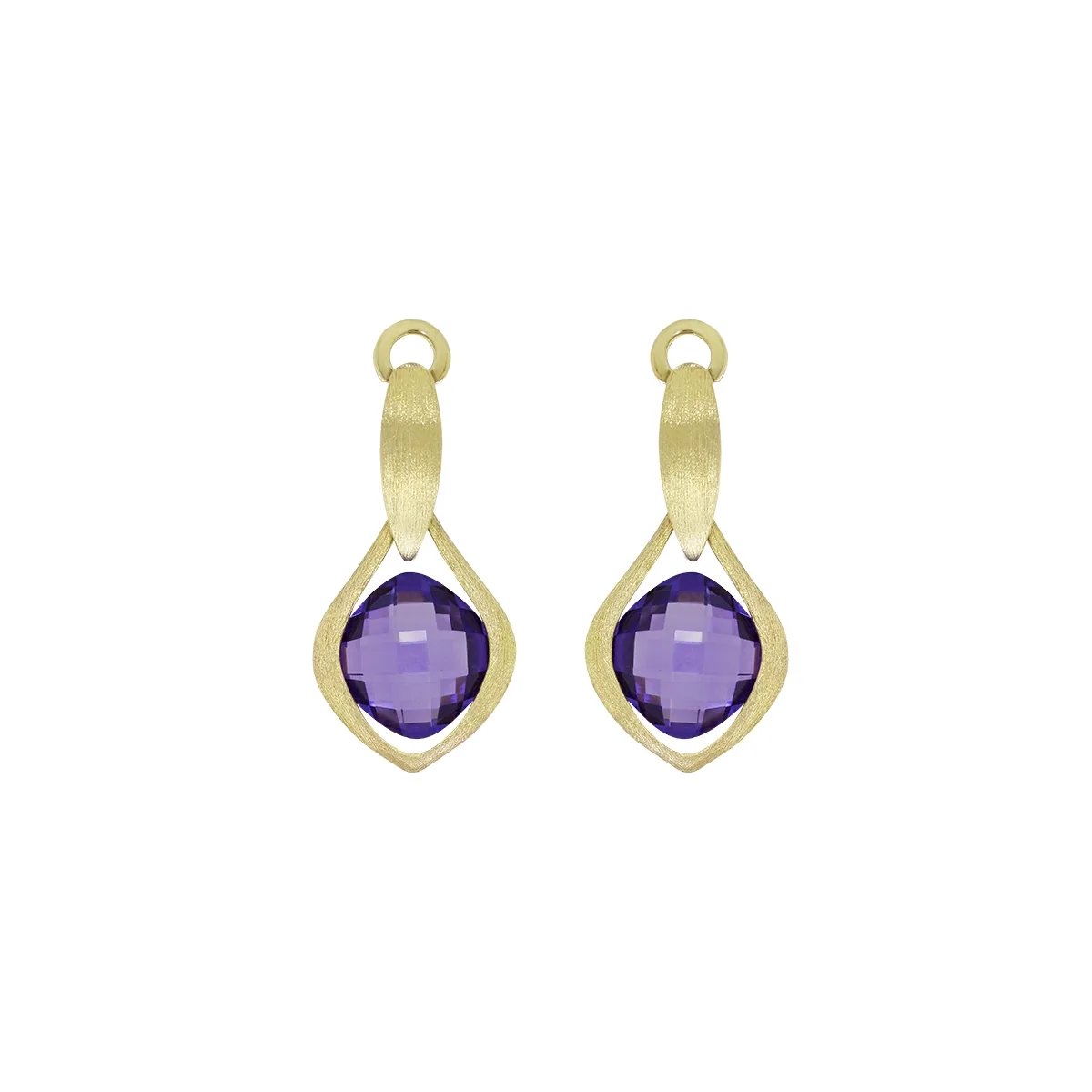 Aretes en oro amarillo de 18 Kilates satinado, Lágrima, con 2 amatistas centrales