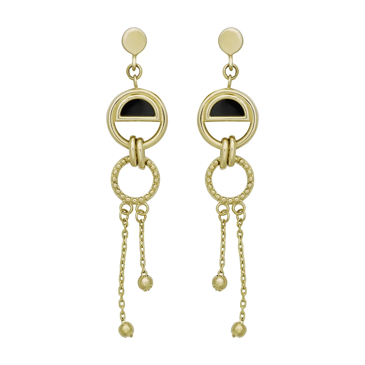 Aretes en oro amarillo de 18 Kilates con visos, Figuras geométricas, con 2 onix centrales