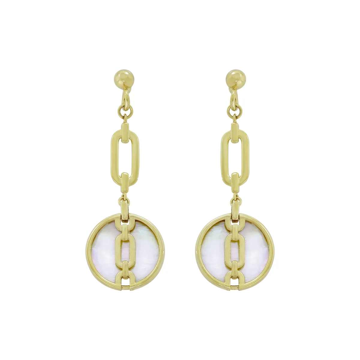 Aretes en oro amarillo de 18 Kilates, Figuras geométricas, con 2 nacar centrales
