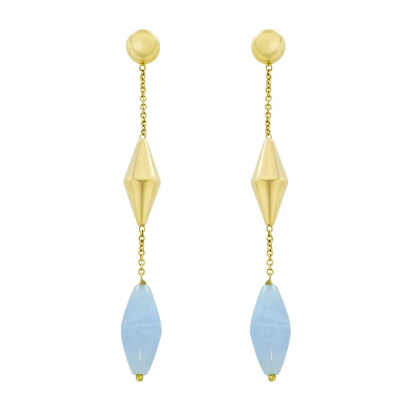 Aretes en oro amarillo de 18 Kilates, Figuras geométricas, con aqua milk, 0.70 mm. de ancho