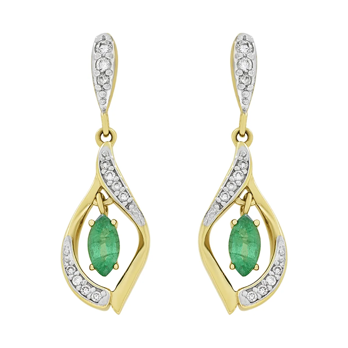 Aretes en oro amarillo de 18 Kilates, Franjas, con 2 esmeraldas centrales de 0.60 Ct y decoración en diamantes de 0.17 Ct
