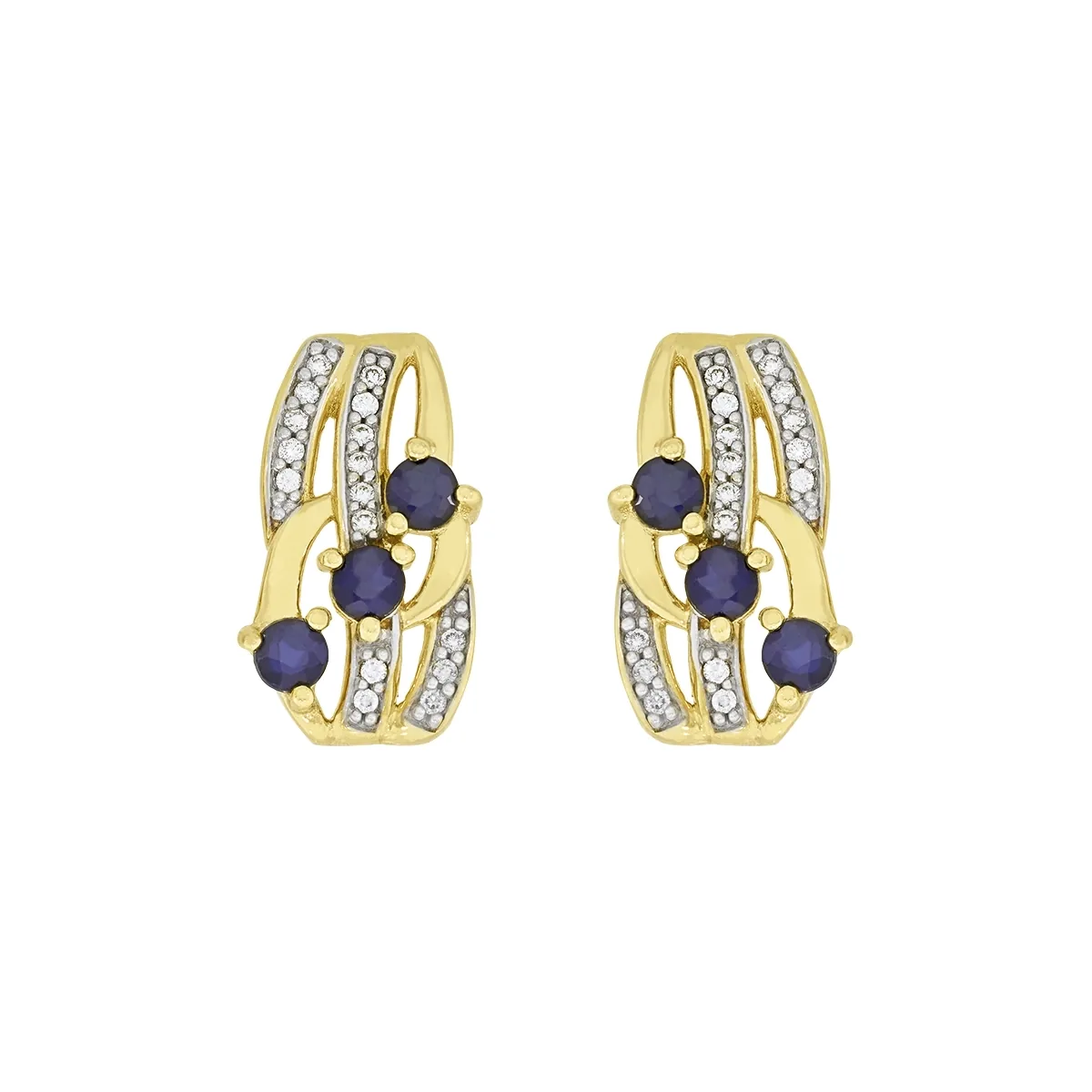 Aretes en oro amarillo de 18 Kilates, Franjas, con 6 zafiros centrales de 0.75 Ct y decoración en diamantes de 0.16 Ct