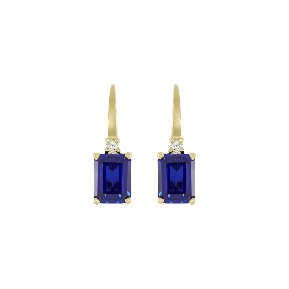 Aretes en oro amarillo de 18 Kilates, Uñas+decoración, con 2 zafiro laboratorios centrales de 3.50 Ct y decoración en diamante de laboratorio de 0.06 Ct