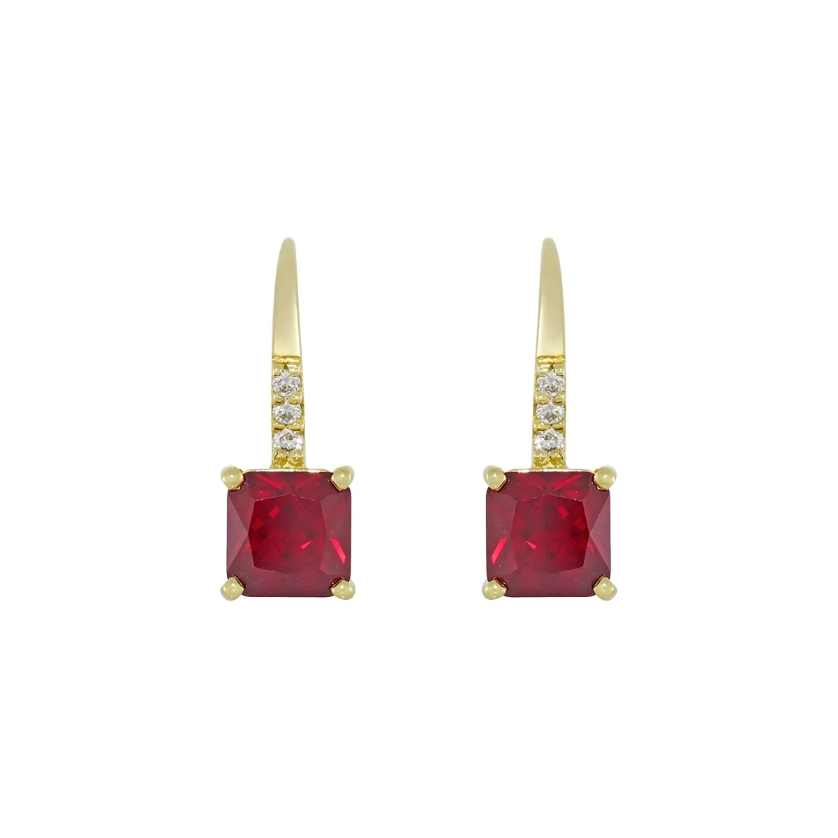 Aretes en oro amarillo de 18 Kilates, Uñas+decoración, con 2 ruby laboratorios centrales de 2.50 Ct y decoración en diamante de laboratorio de 0.06 Ct