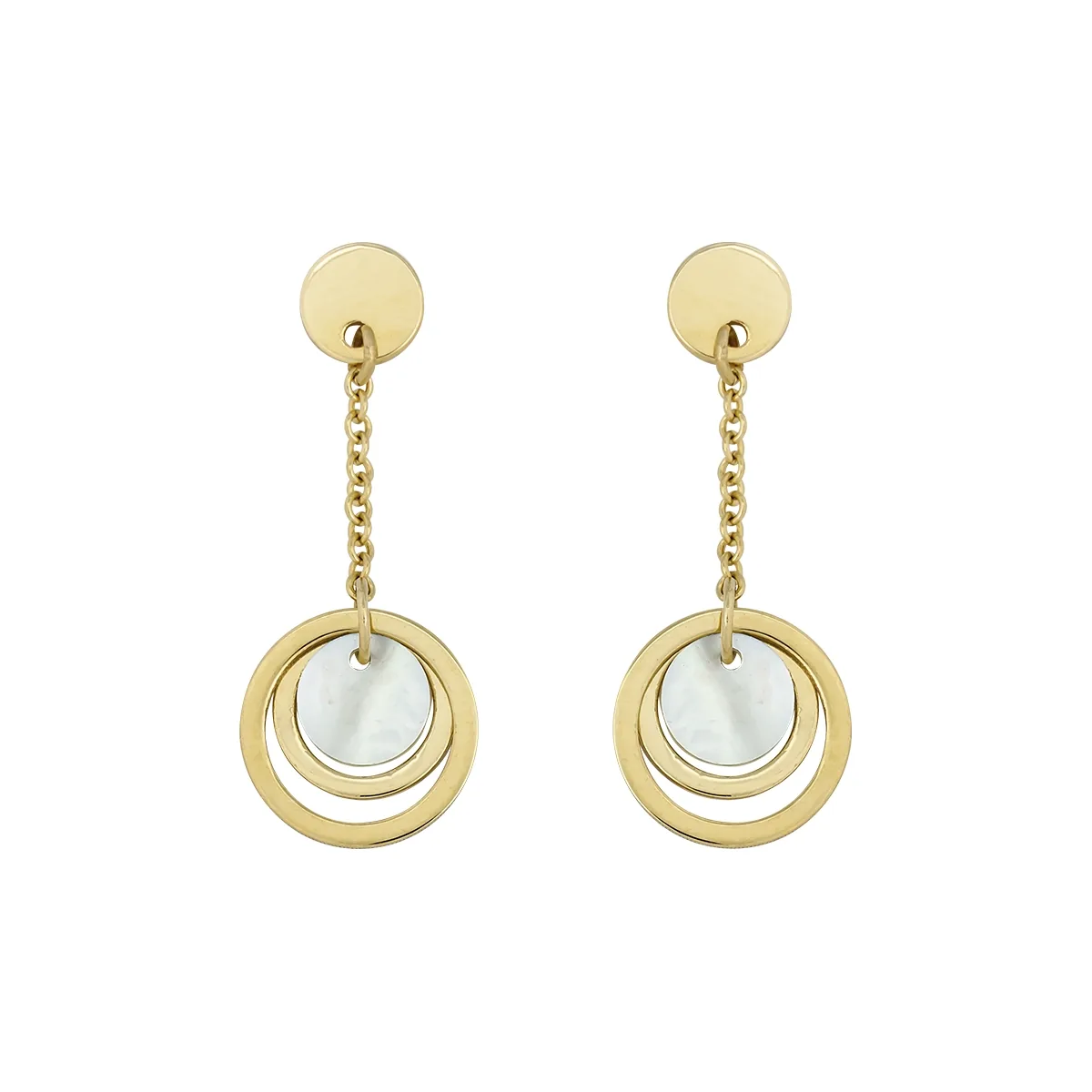 Aretes en oro amarillo de 18 Kilates, Figuras geométricas, con 2 piedra madre perla centrales